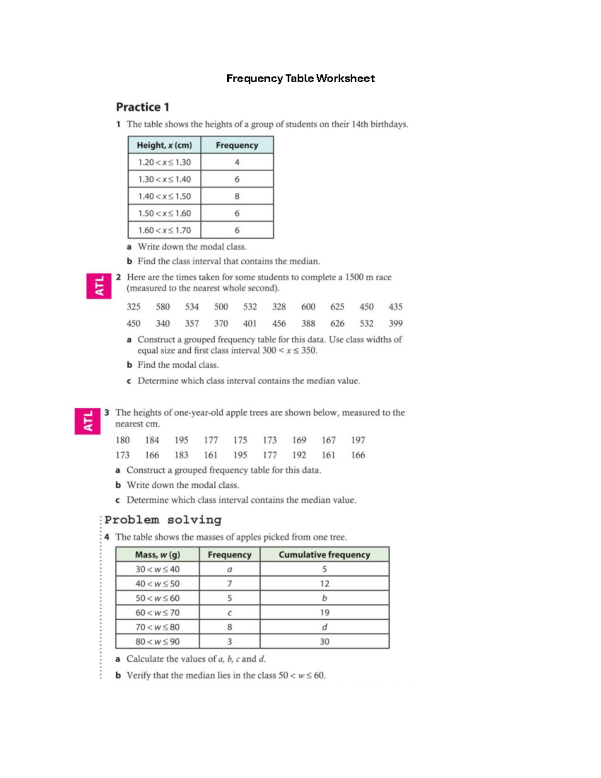 Continuous Data Frequency Table Worksheet Practice 1 & 2 - Studocu
