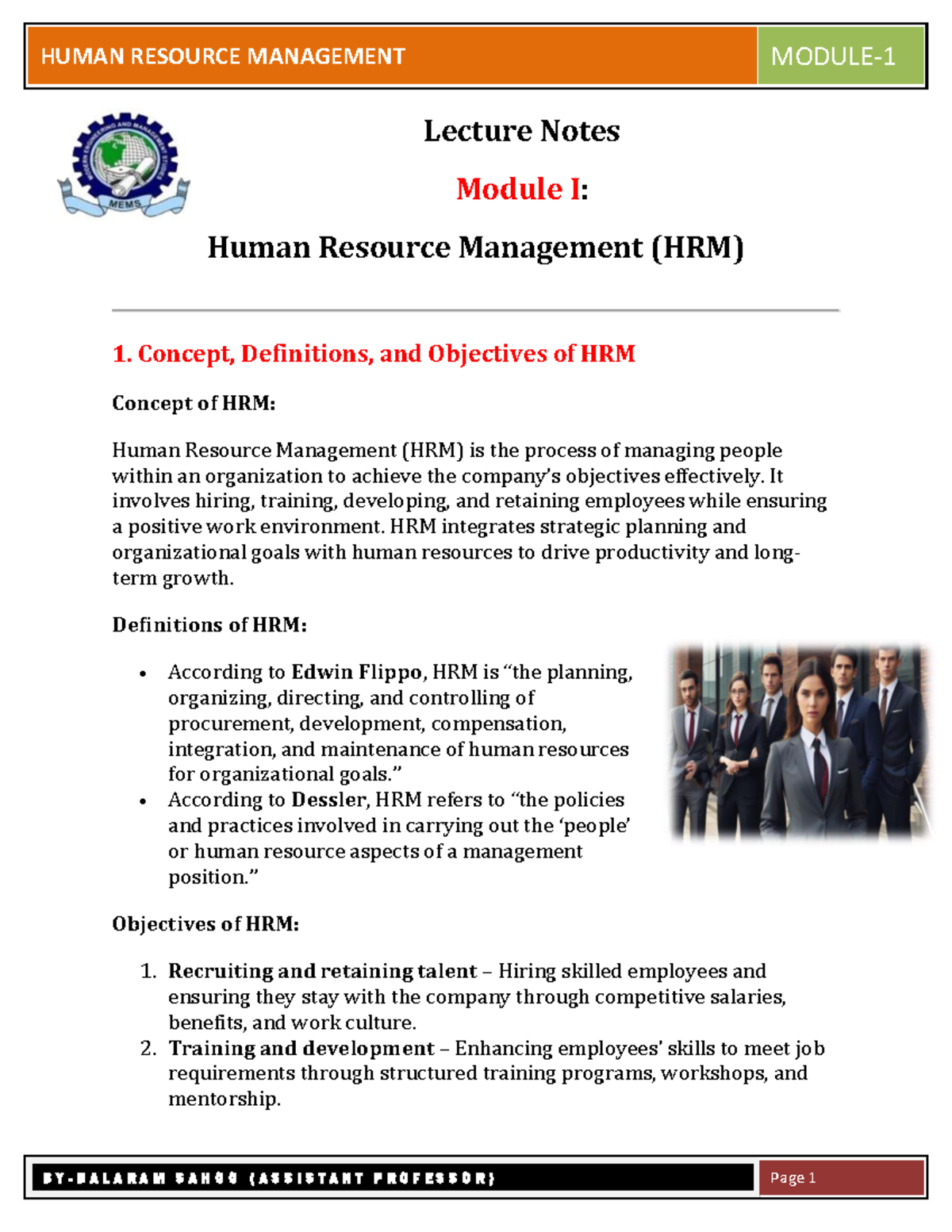 HUMAN RESOURCE MANAGEMENT Lecture Notes Module I: HRM Concepts ...