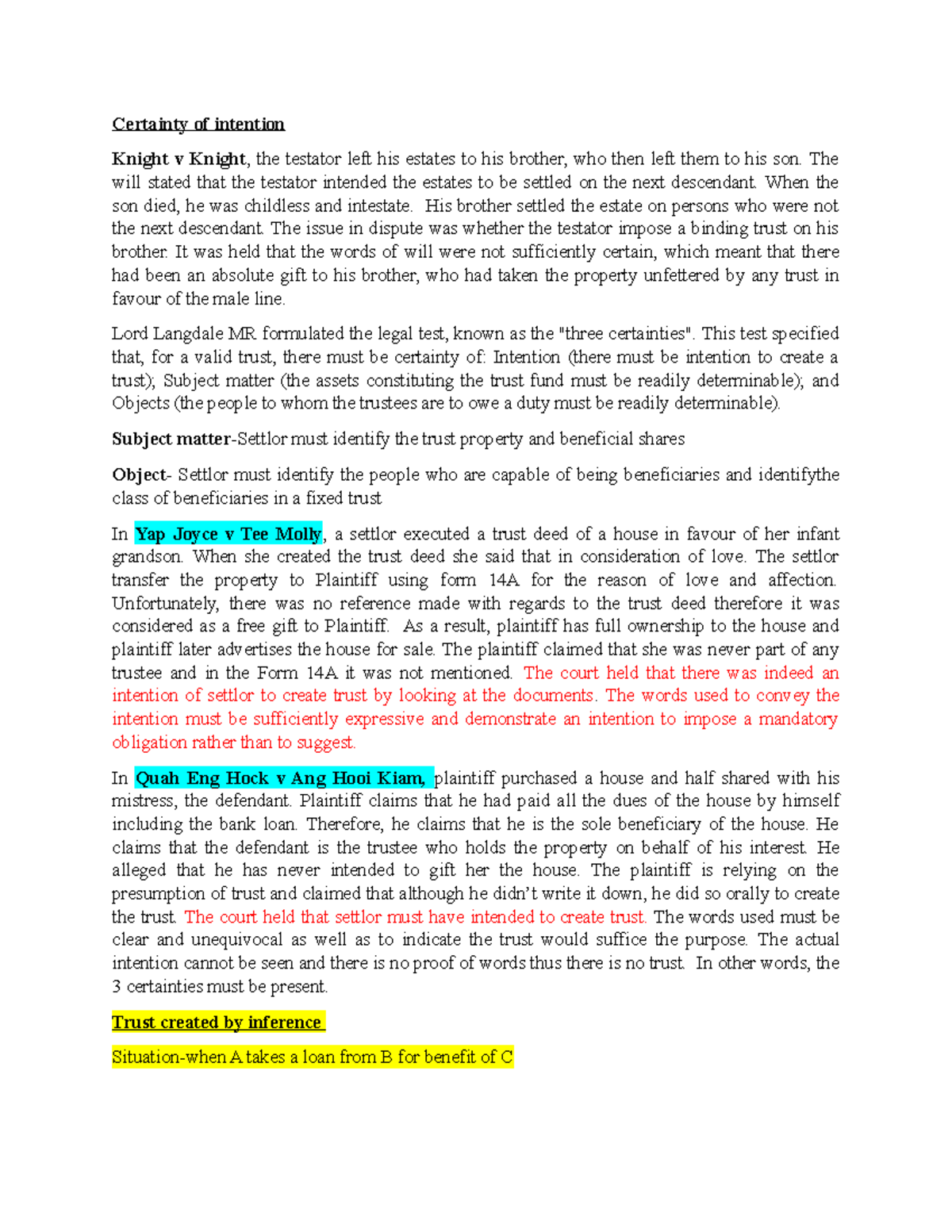 Midterm Prep: Certainty of Intention in Trust Law - LLB123 - Studocu