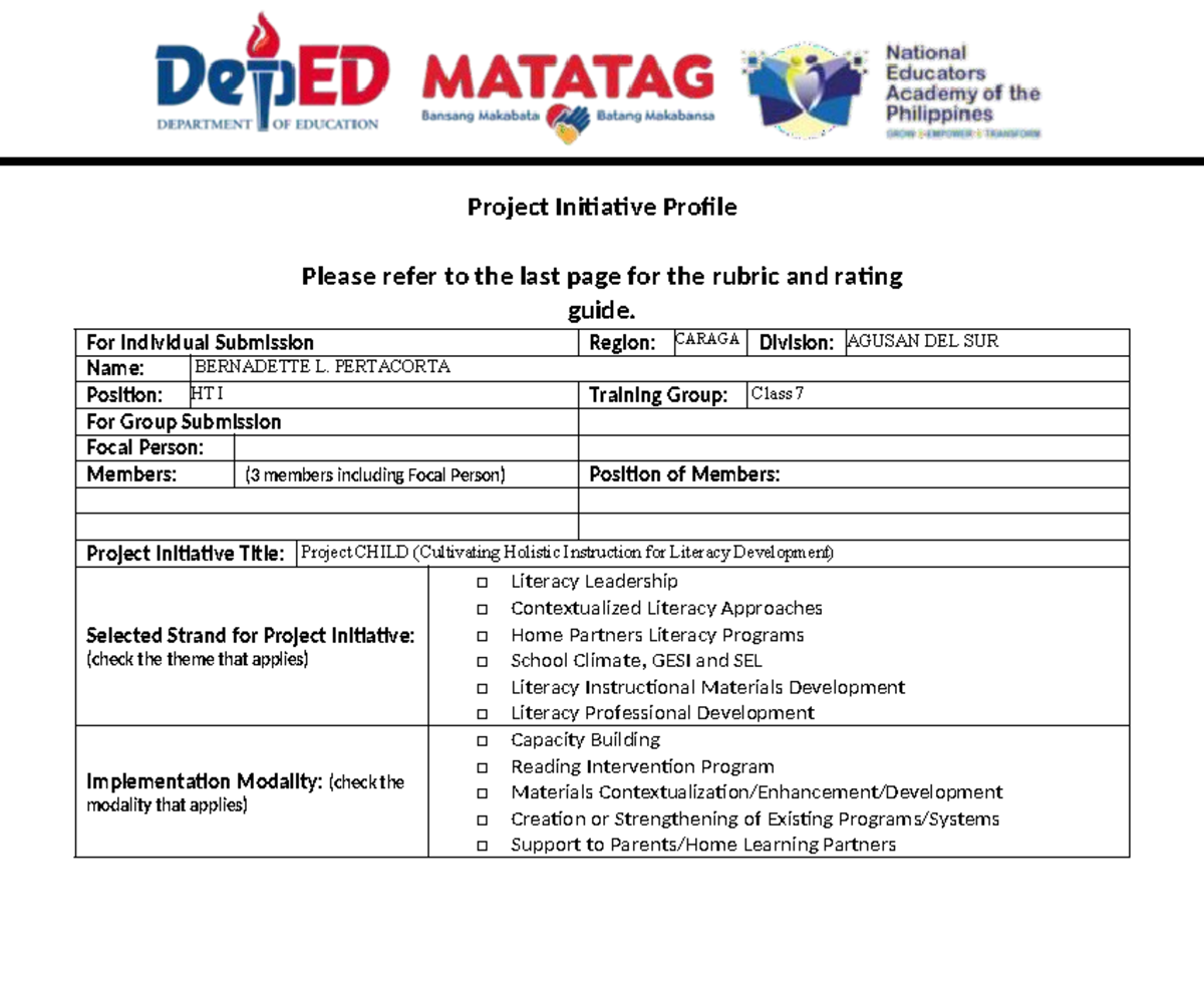 Project Initiative Plan for Project CHILD (Cultivating Holistic ...