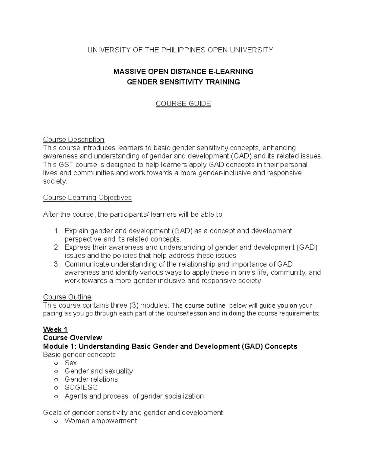 GST MOOC 2025 Course Guide: Gender Sensitivity Training Overview - Studocu