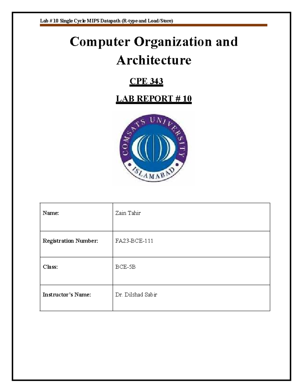 Lab 10 Report: Single Cycle MIPS Datapath - CPE 343 - Studocu