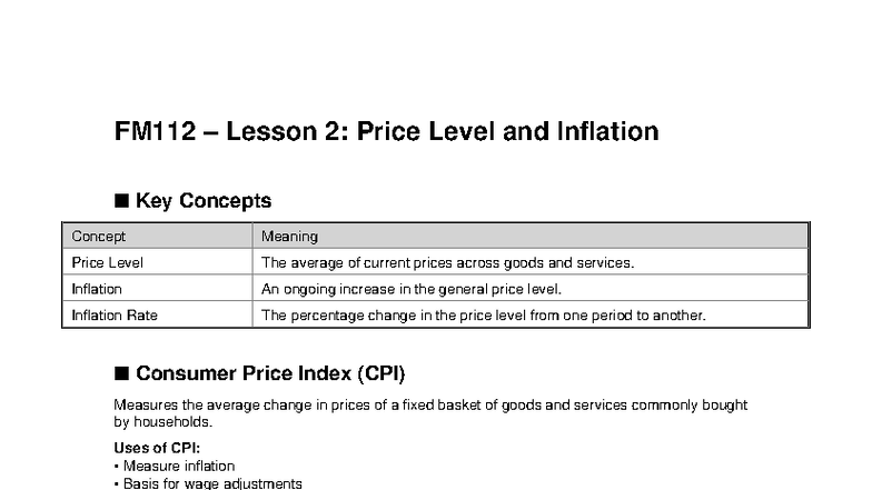 FM112 Lesson 2: Price Level & Inflation Concepts Explained - Studocu