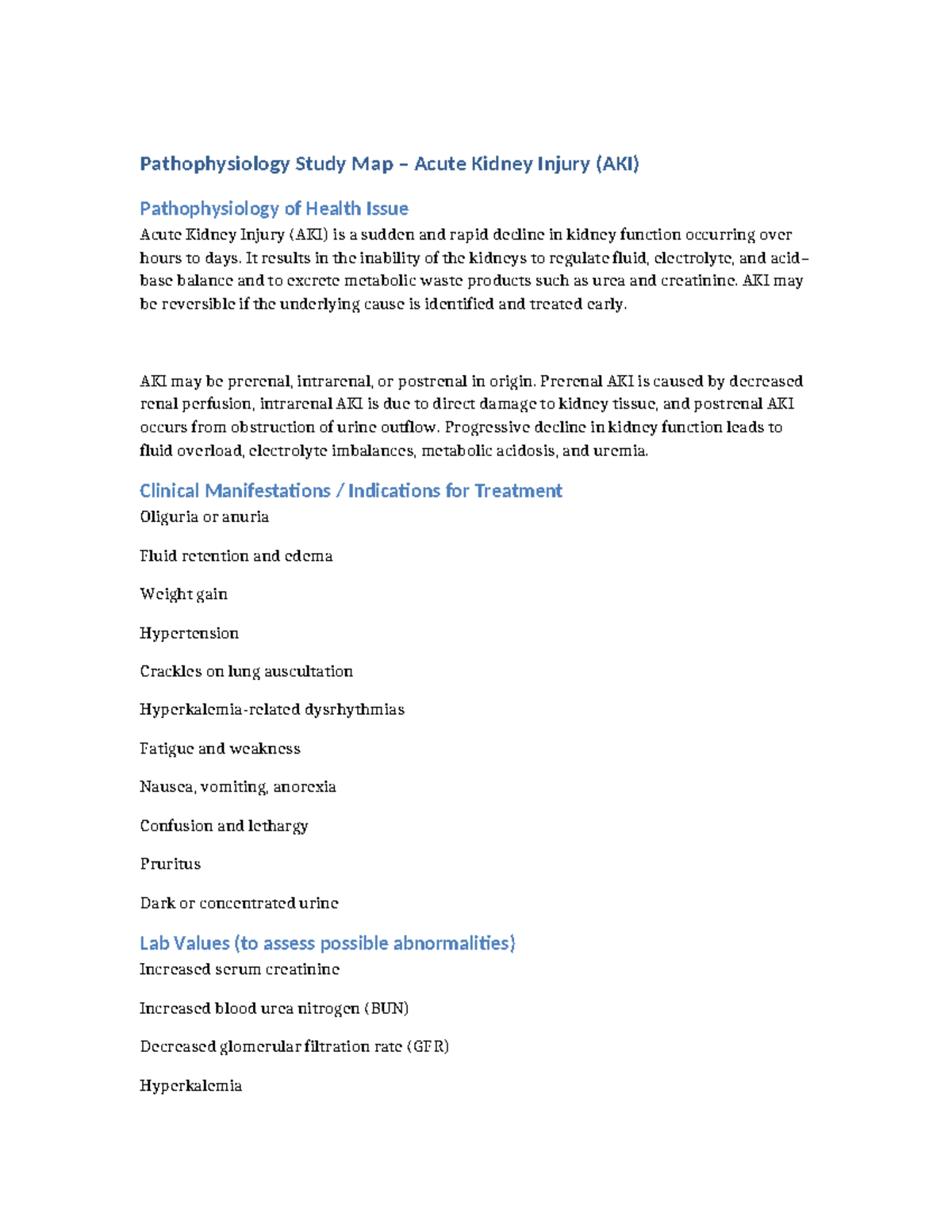 AKI Pathophysiology Study Map: Understanding Acute Kidney Injury - Studocu