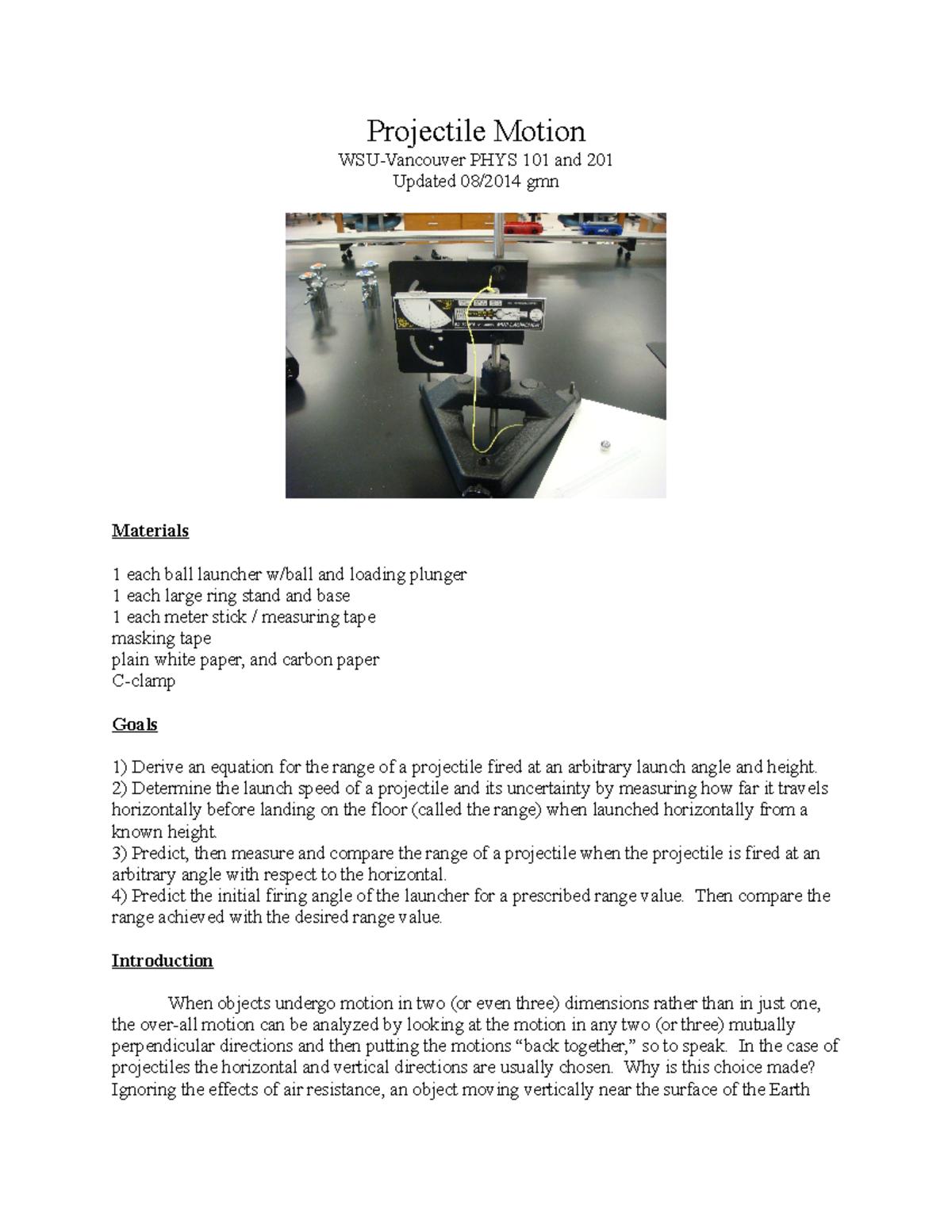 WSU-Vancouver PHYS 101/201: Projectile Motion Lab Report (2014) - Studocu