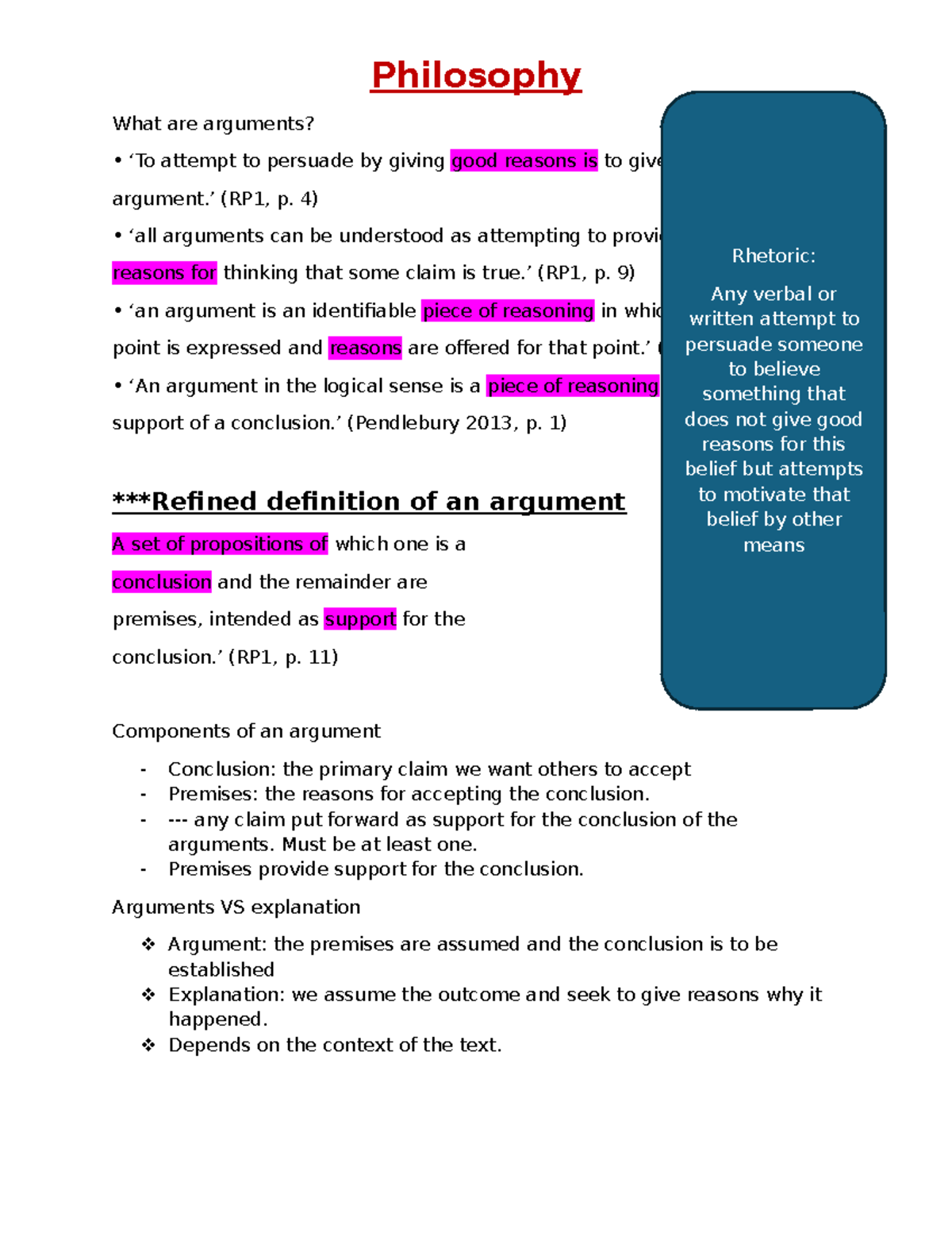 PHIL1003 - Summary Notes on Arguments in Critical Thinking - Studocu