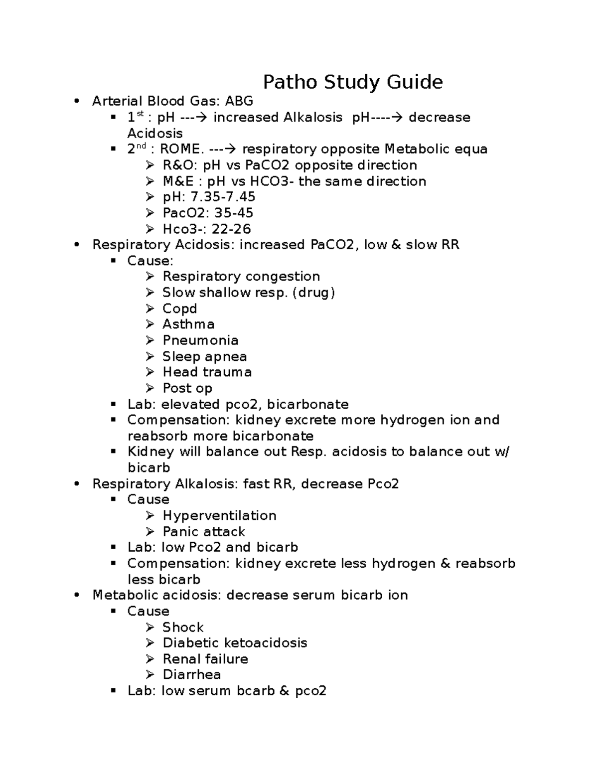 Patho Study Guide q4 - Patho Study Guide Arterial Blood Gas: ABG 1 st ...