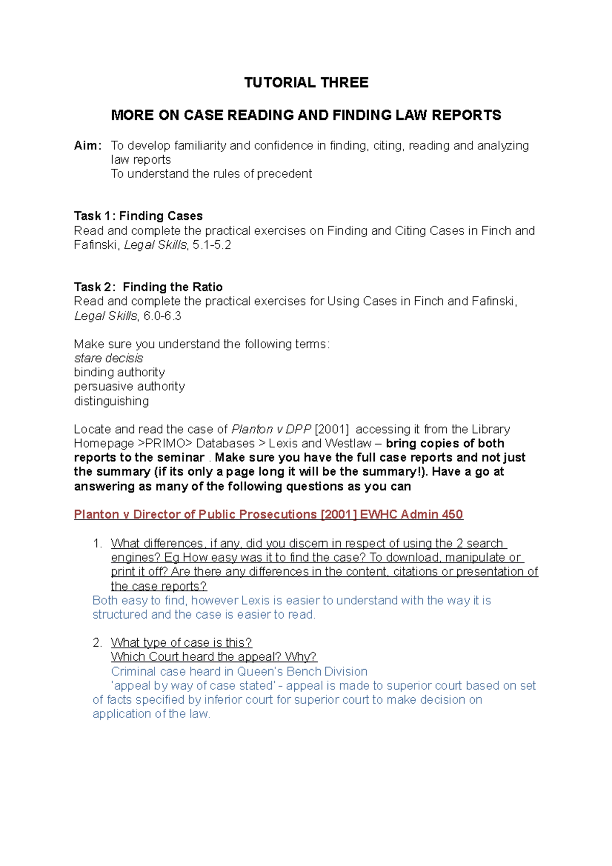 Finding and Reading cases - TUTORIAL THREE MORE ON CASE READING AND ...