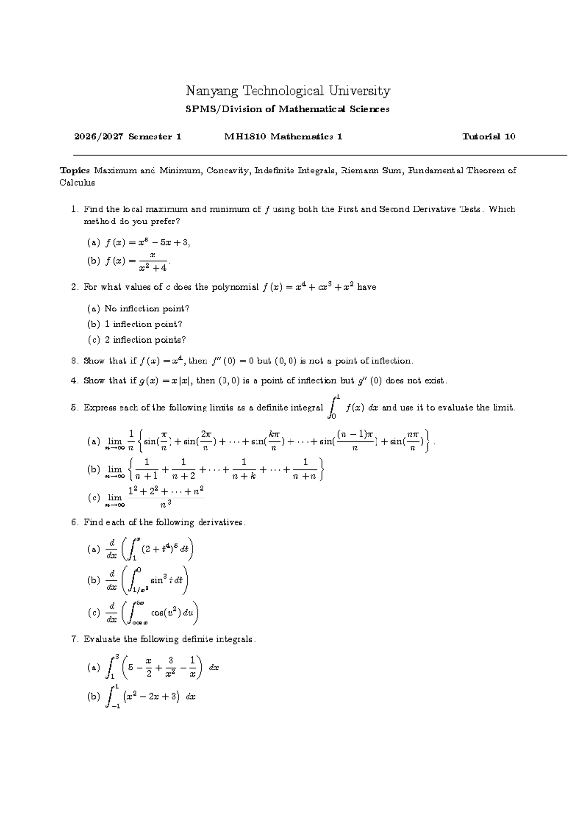 MH1810 Mathematics 1 Tutorial 10: Maxima, Minima, and Integrals - Studocu