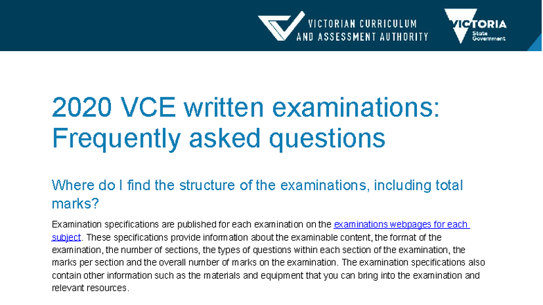 VCAA 2020 VCE Exams: Frequently Asked Questions Guide - Studocu