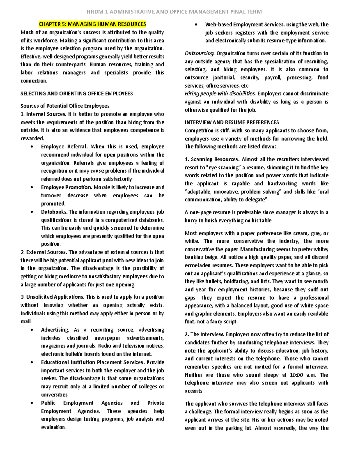 HRDM 1 AOM Final Exam Study Notes: Managing Human Resources - Studocu