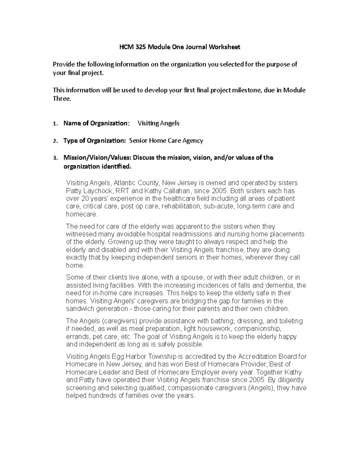 HCM 325 Module One Journal: Analyzing Visiting Angels Home Care ...