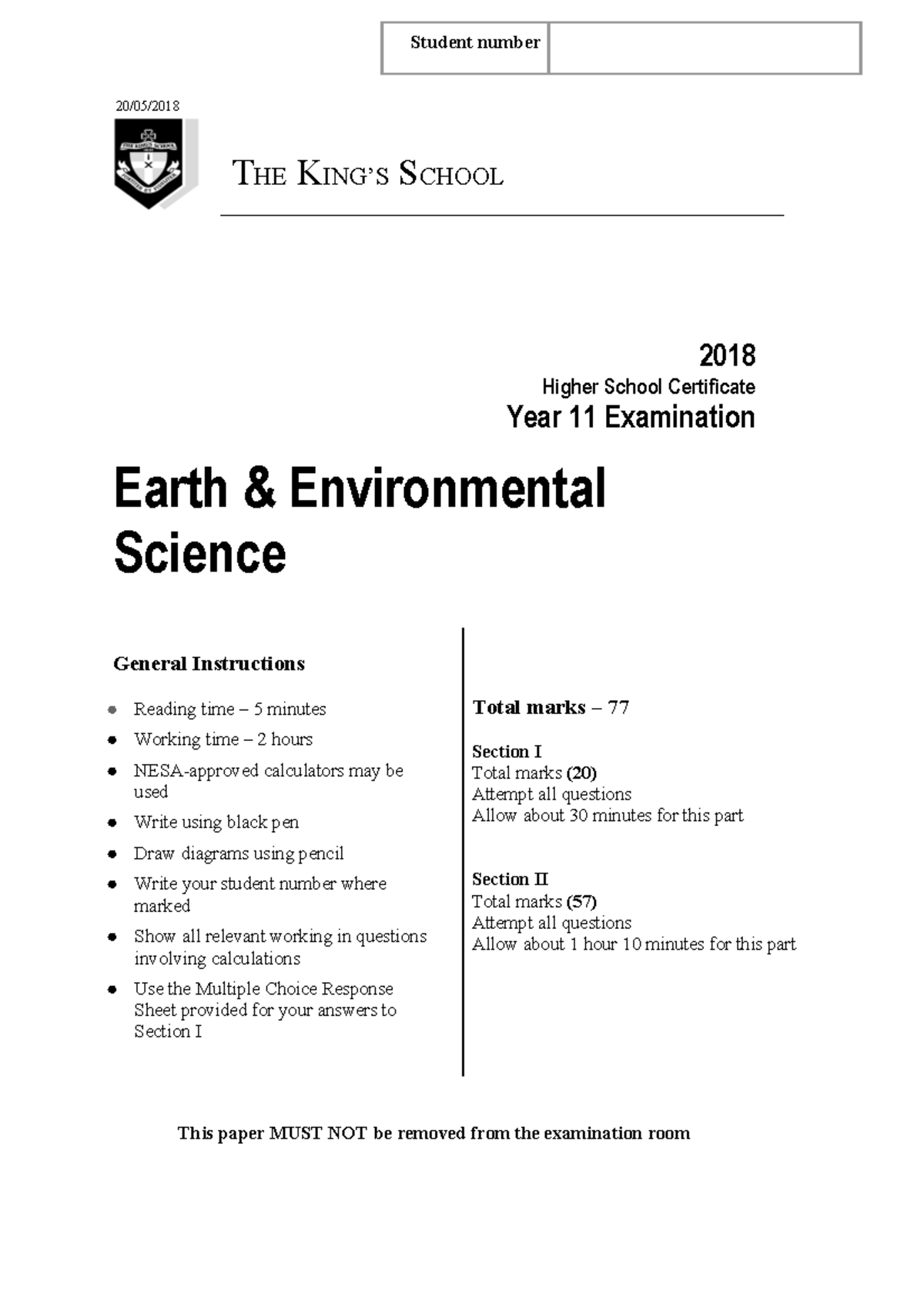 Kings 2018 Earth & Environmental Science Year 11 Exam & Solutions - Studocu