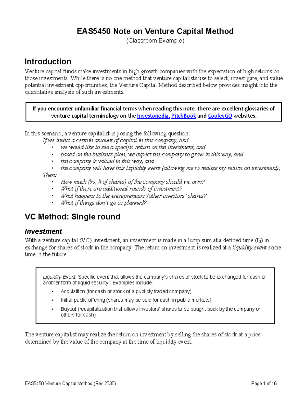 EAS5450 Lecture Notes on Venture Capital Method Analysis - Studocu