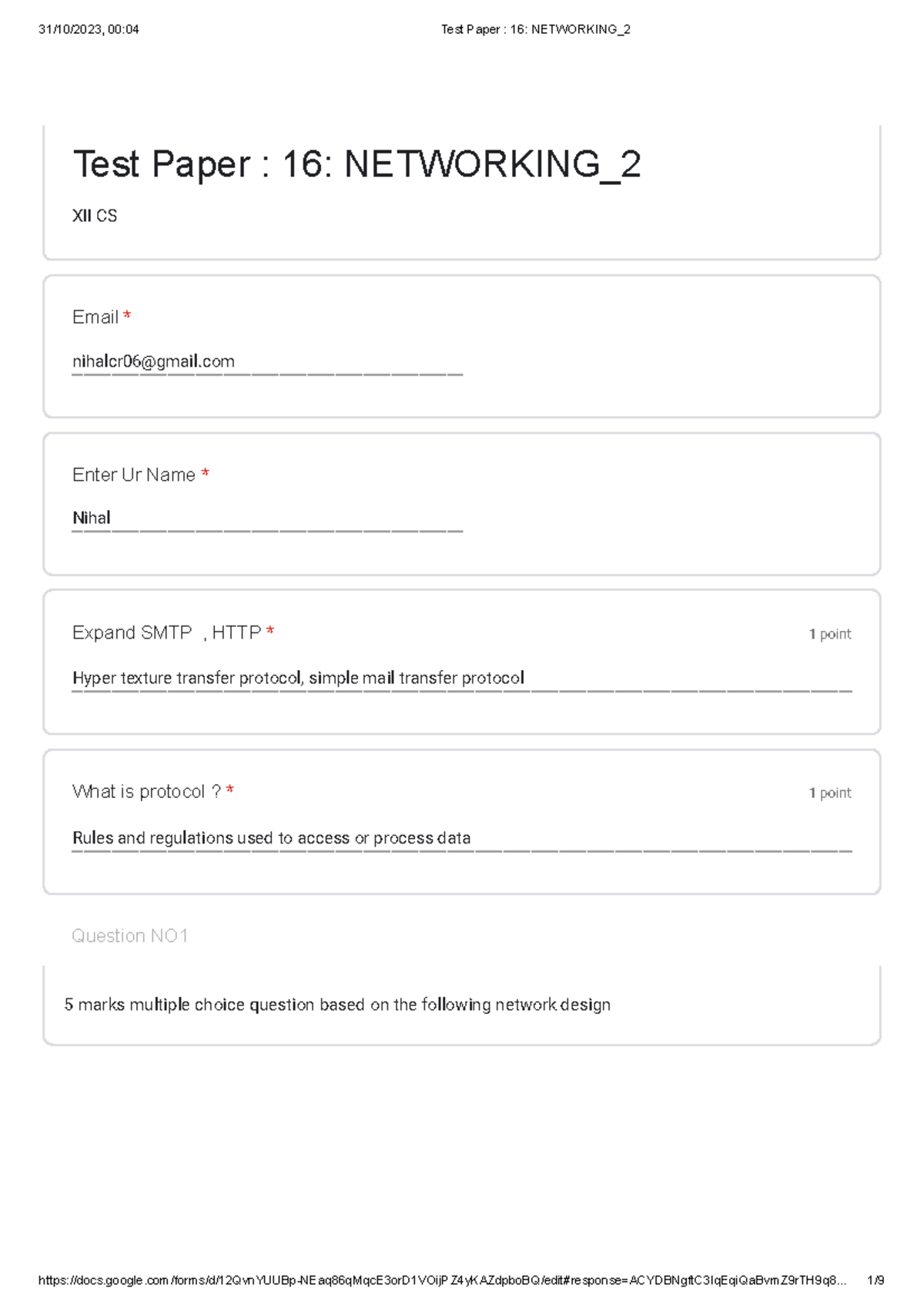 Test Paper 16: Networking I - MCQs & Application Questions - Studocu