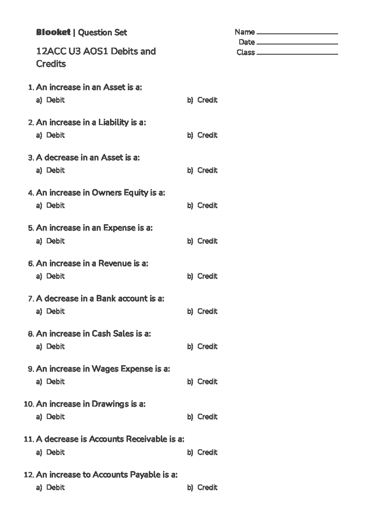 Accounting U3 AOS1 Debits and Credits Blooket Question Set - Studocu