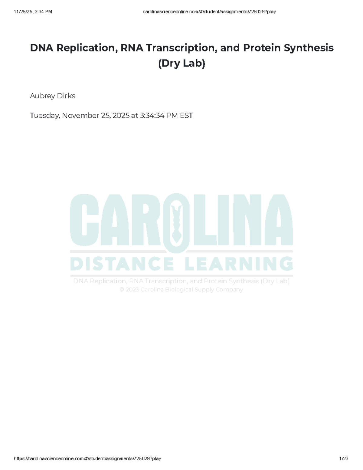 DNA Lab: DNA Replication, RNA Transcription & Protein Synthesis (Dry ...