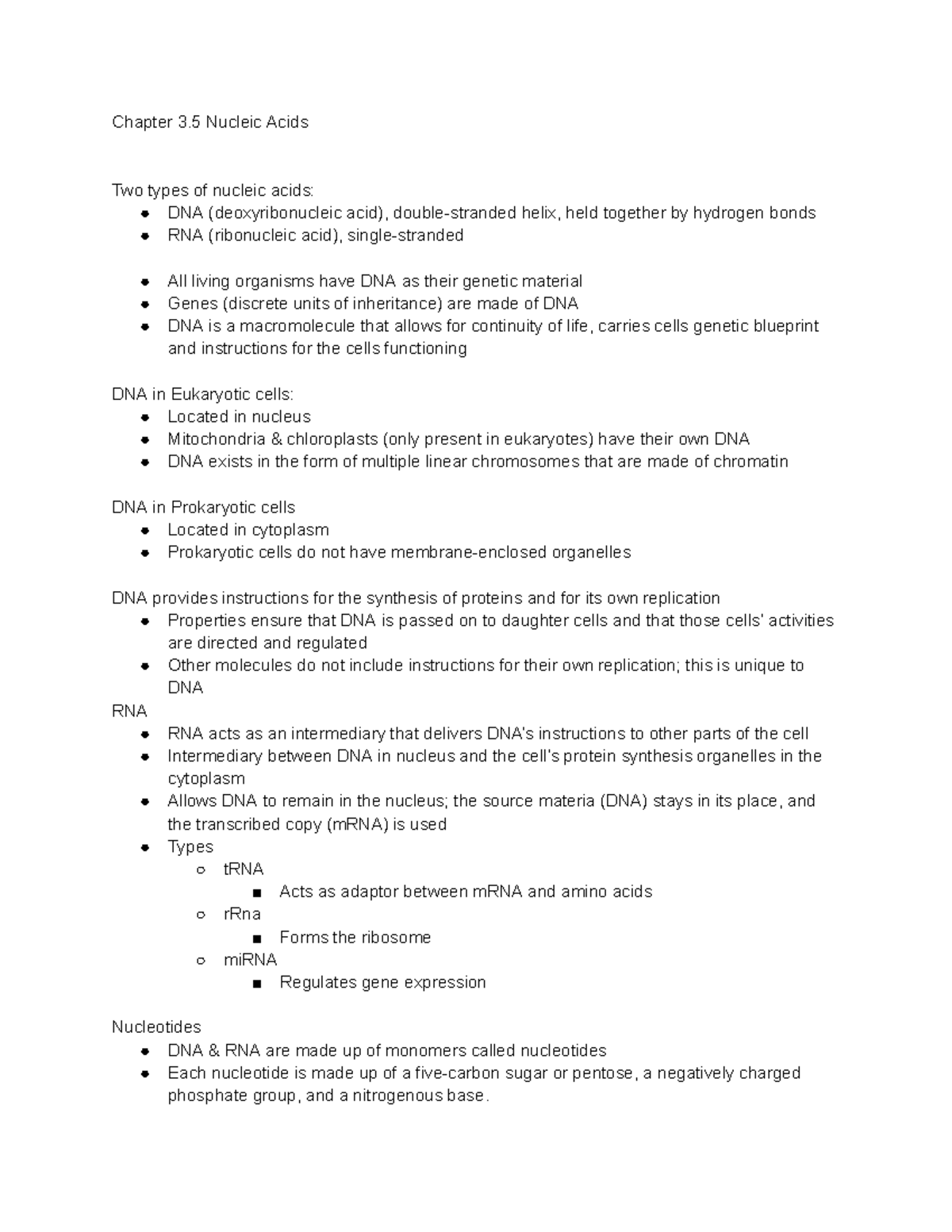 Biology Lecture Notes: Chapter 3.5 - Overview of Nucleic Acids - Studocu