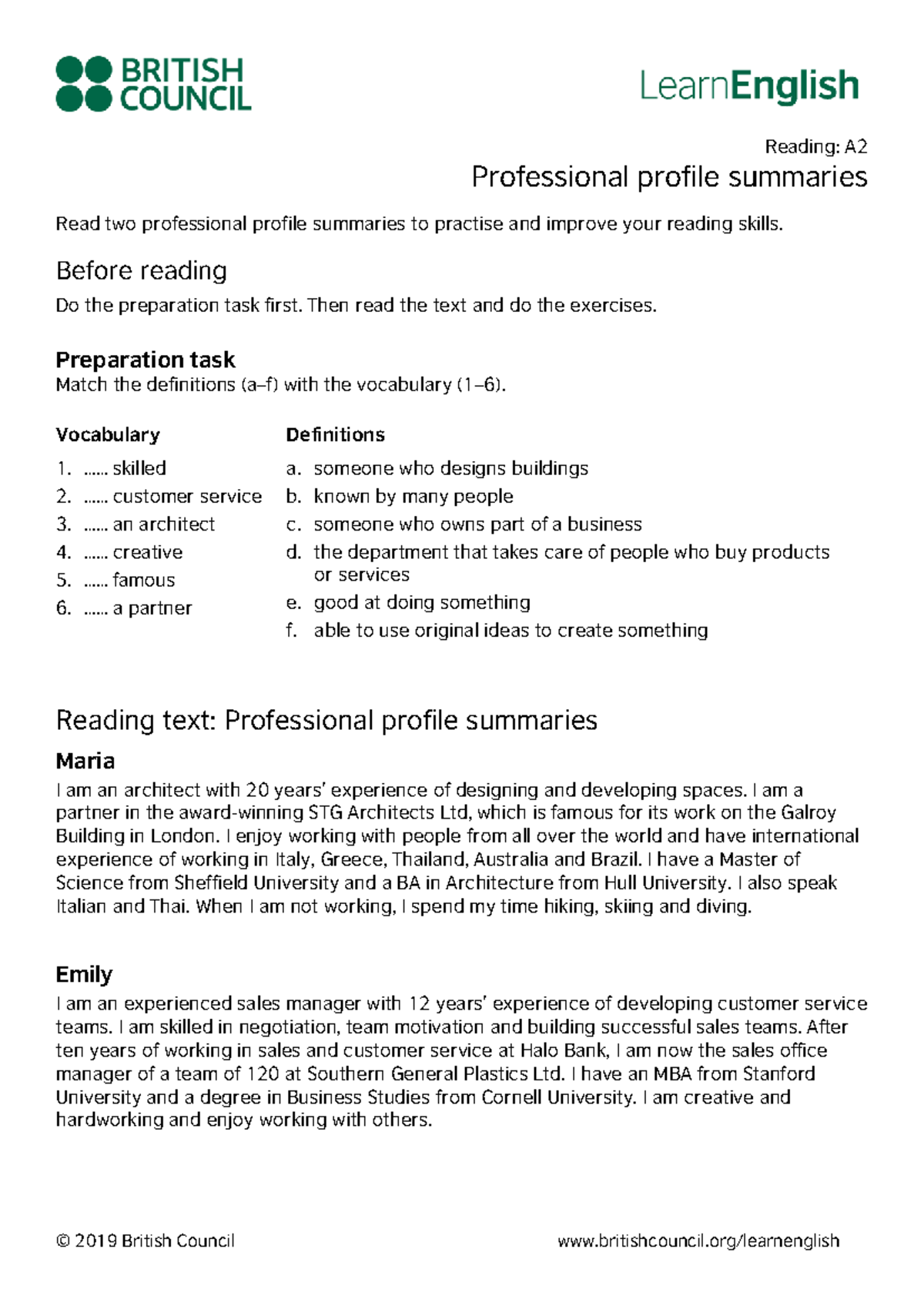 Reading A2: Professional Profile Summaries for Skill Improvement - Studocu