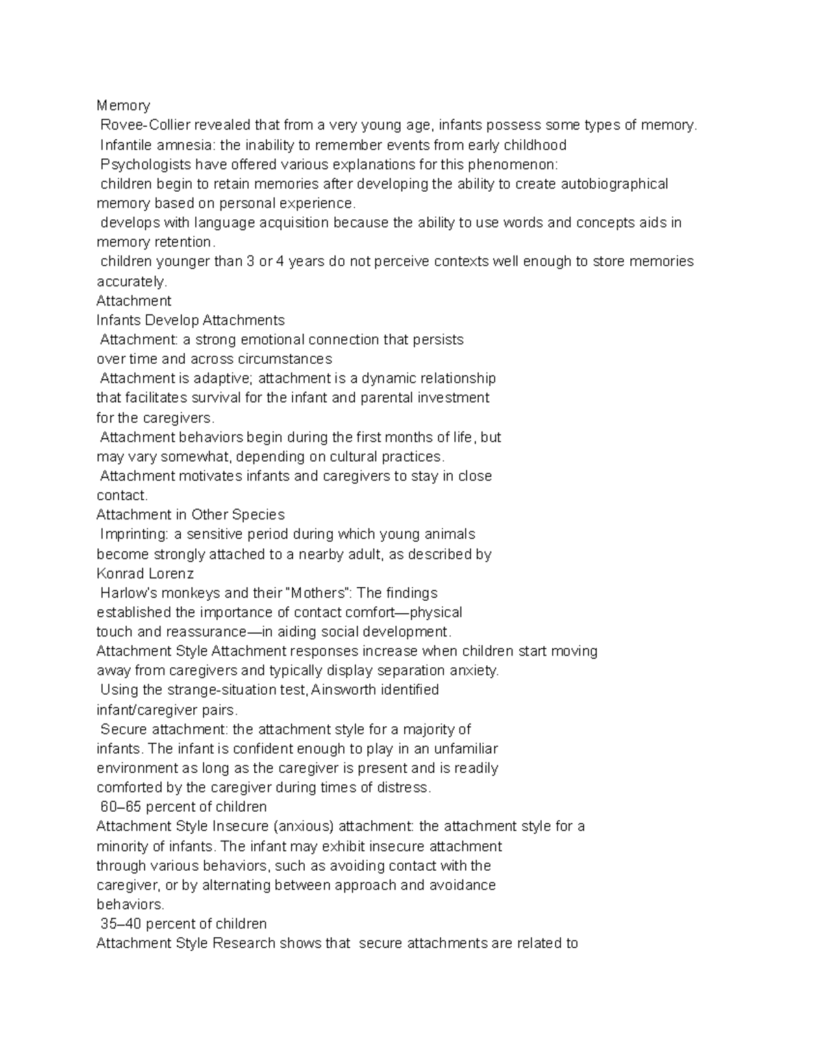 Psy 101 Lecture Notes on Attachment and Infant Memory Development - Studocu