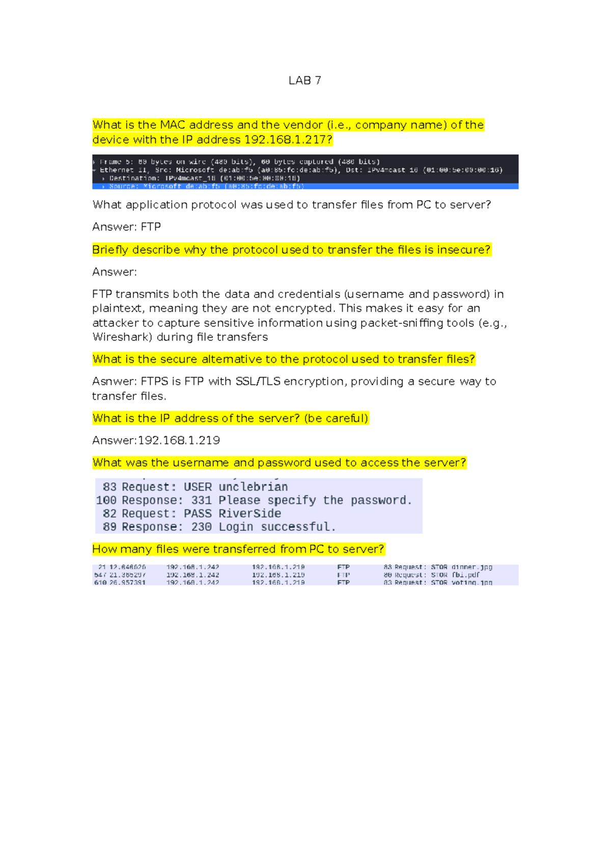 LAB 7 - Network Protocols and File Transfer Security Insights - Studocu