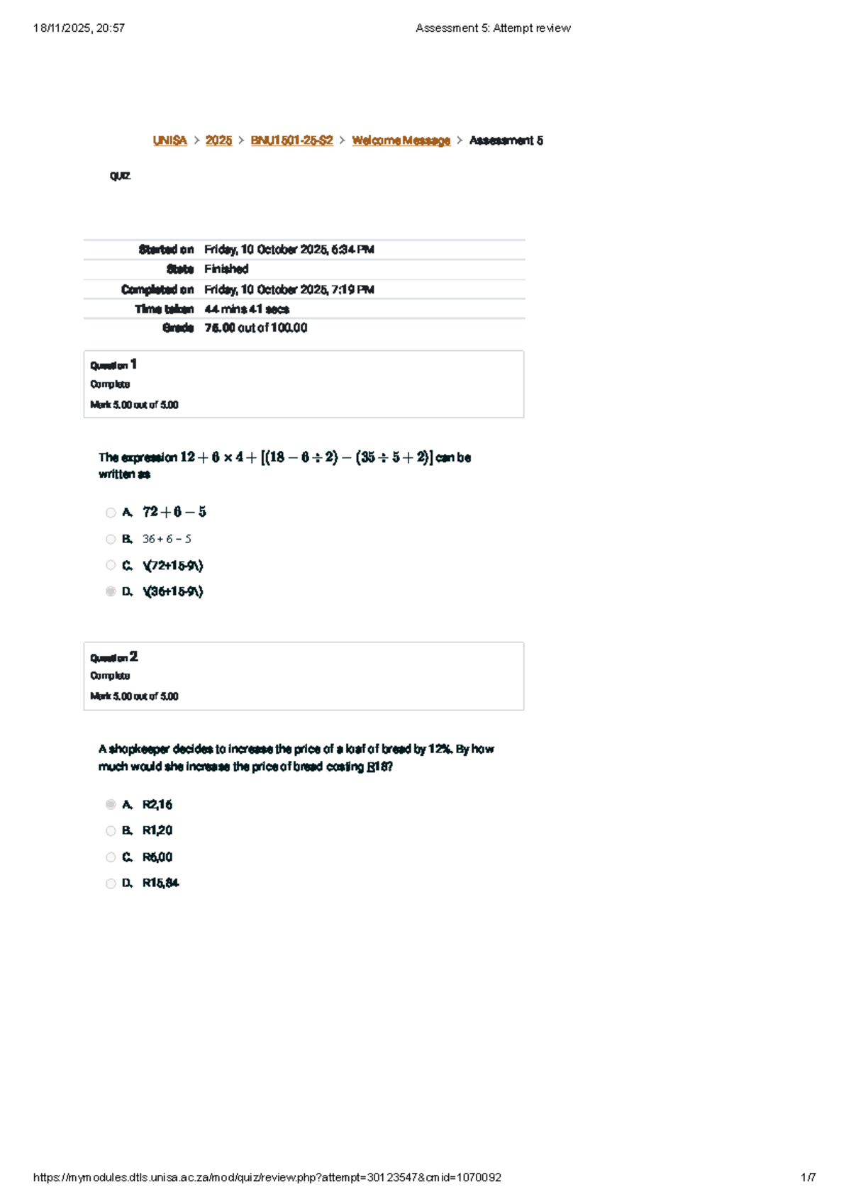 mock exam assessment - UNISA 2025 BNU1501-25-S2 Welcome Message ...