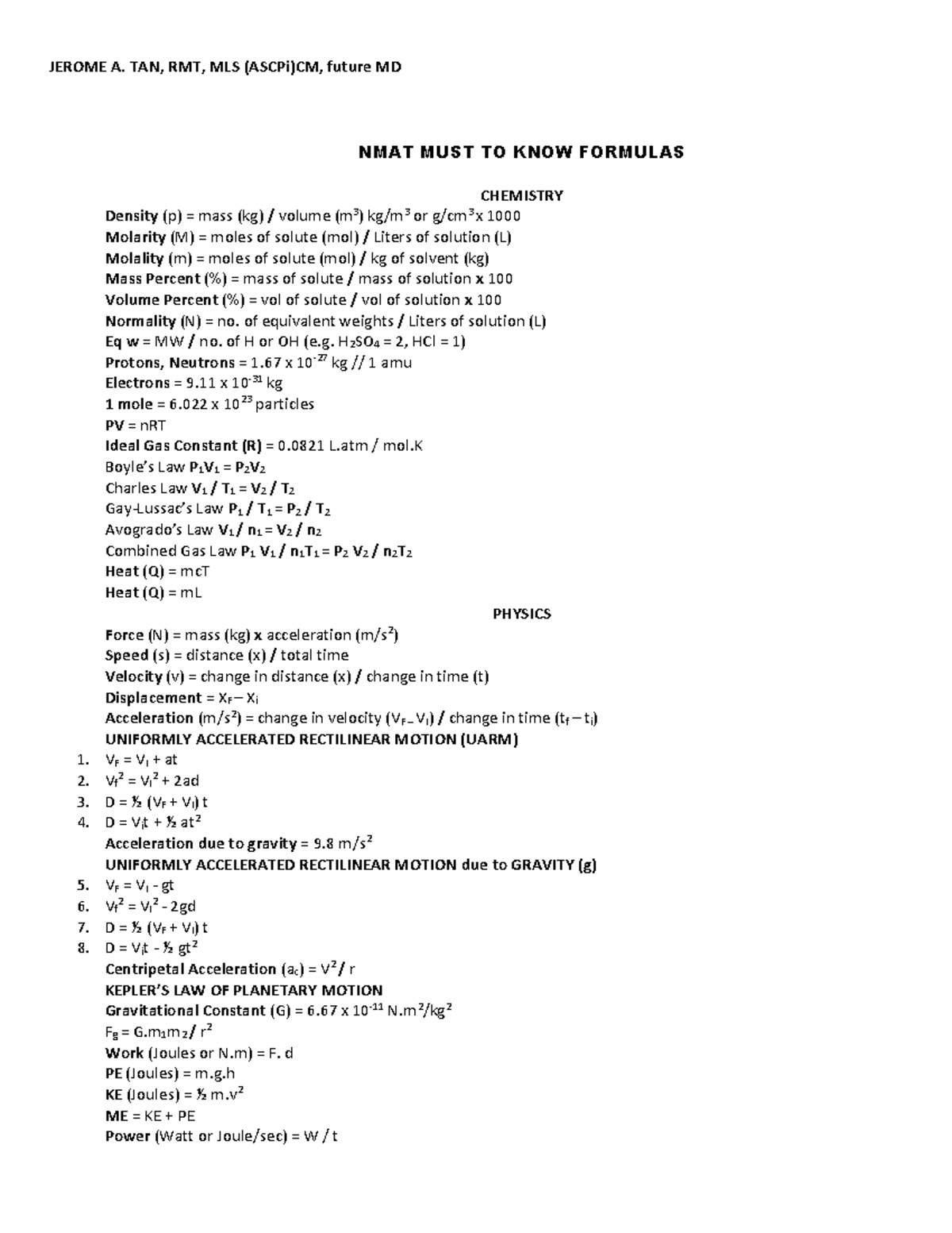 [MUST KNOW] Formulas - Ms. Gumban - JEROME A. TAN, RMT, MLS (ASCPi)CM ...