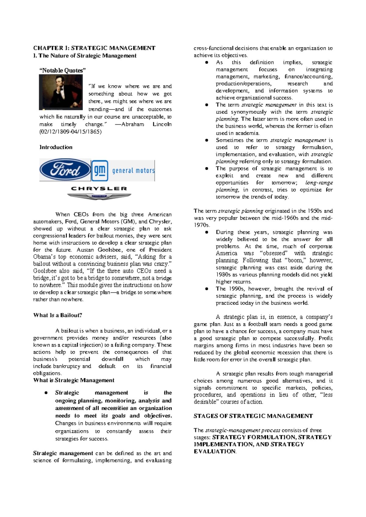 Strategic Management Lecture Notes - Weeks 2 & 3 Overview - Studocu