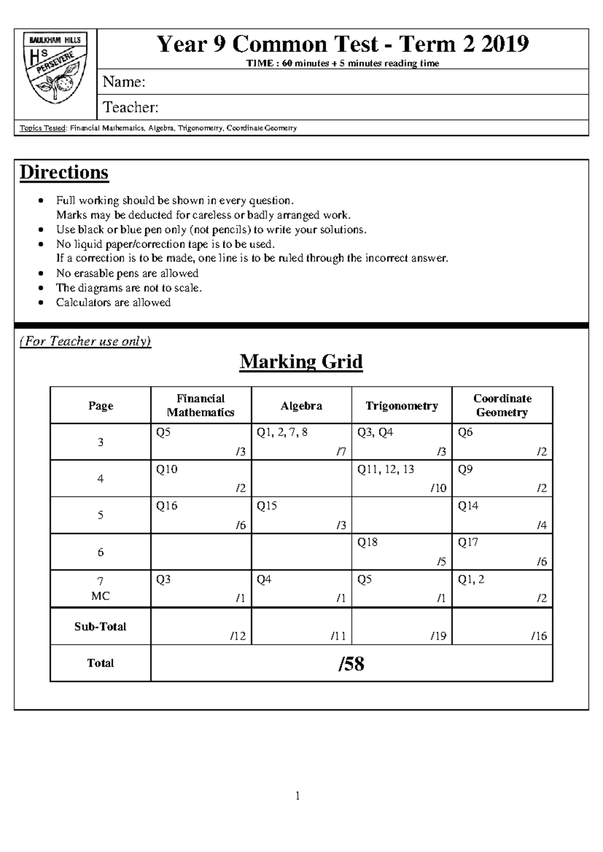 Year 9 Common Test - Term 2 2019 Past Papers & Solutions - Studocu