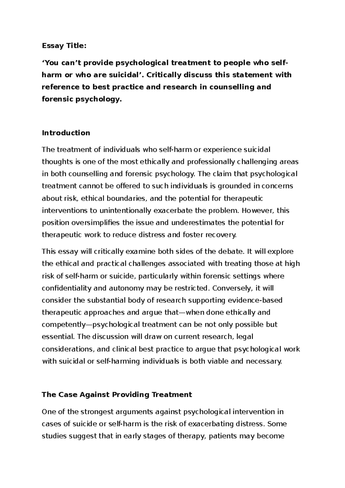 T5 - Essay on psychological treatment for suicide and self-harm - Studocu