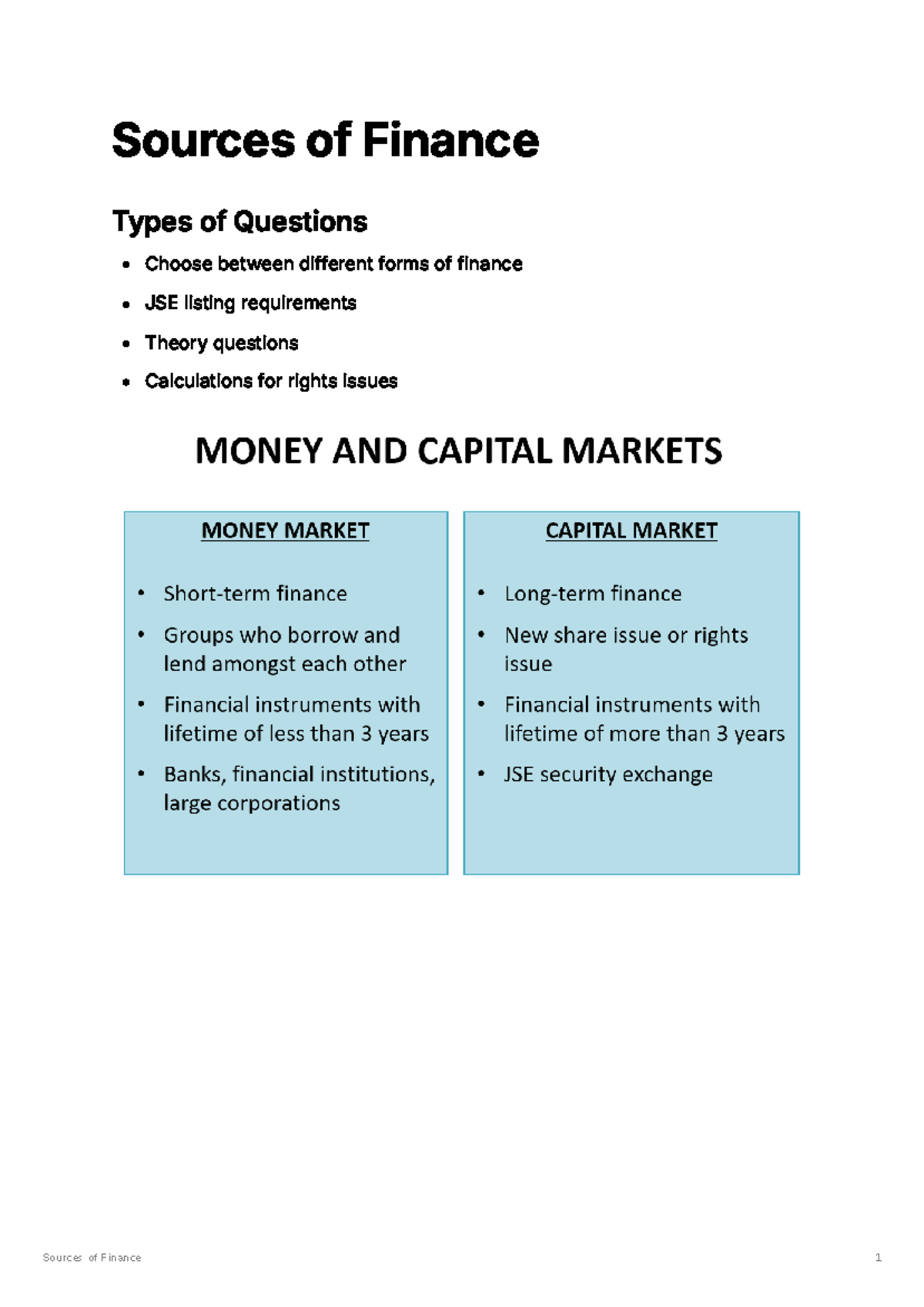 Sources of Finance Notes (FIN101) - Key Concepts and JSE Requirements ...