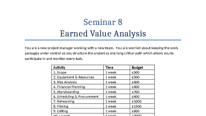 Seminar 8 Worksheet: Earned Value Analysis for Project Management - Studocu