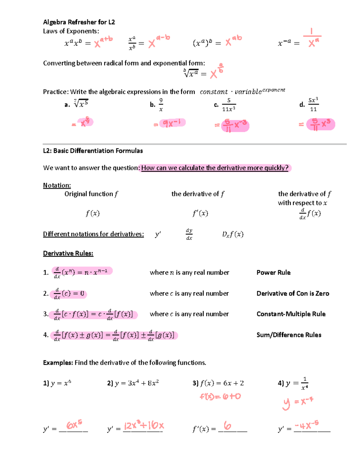 Lecture 2 - Algebra and Basic Differentiation Concepts - Studocu