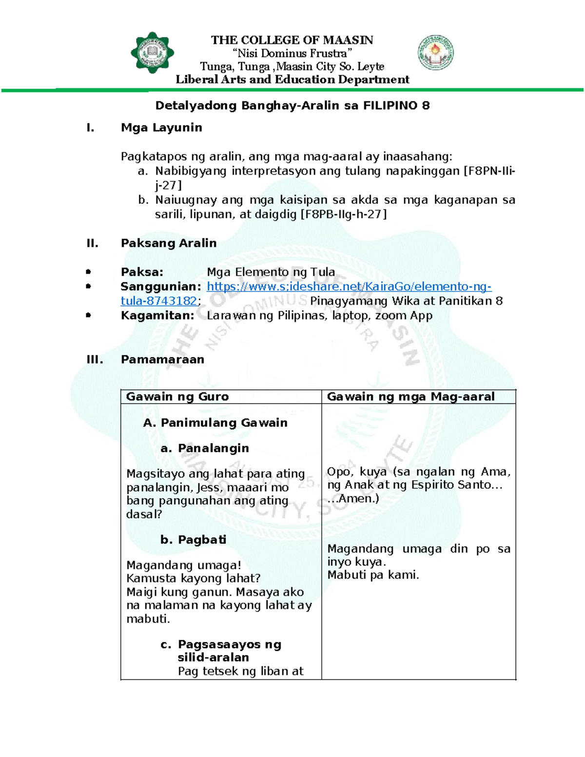 Lesson Plan for Filipino 8: Mga Elemento ng Tula - Studocu
