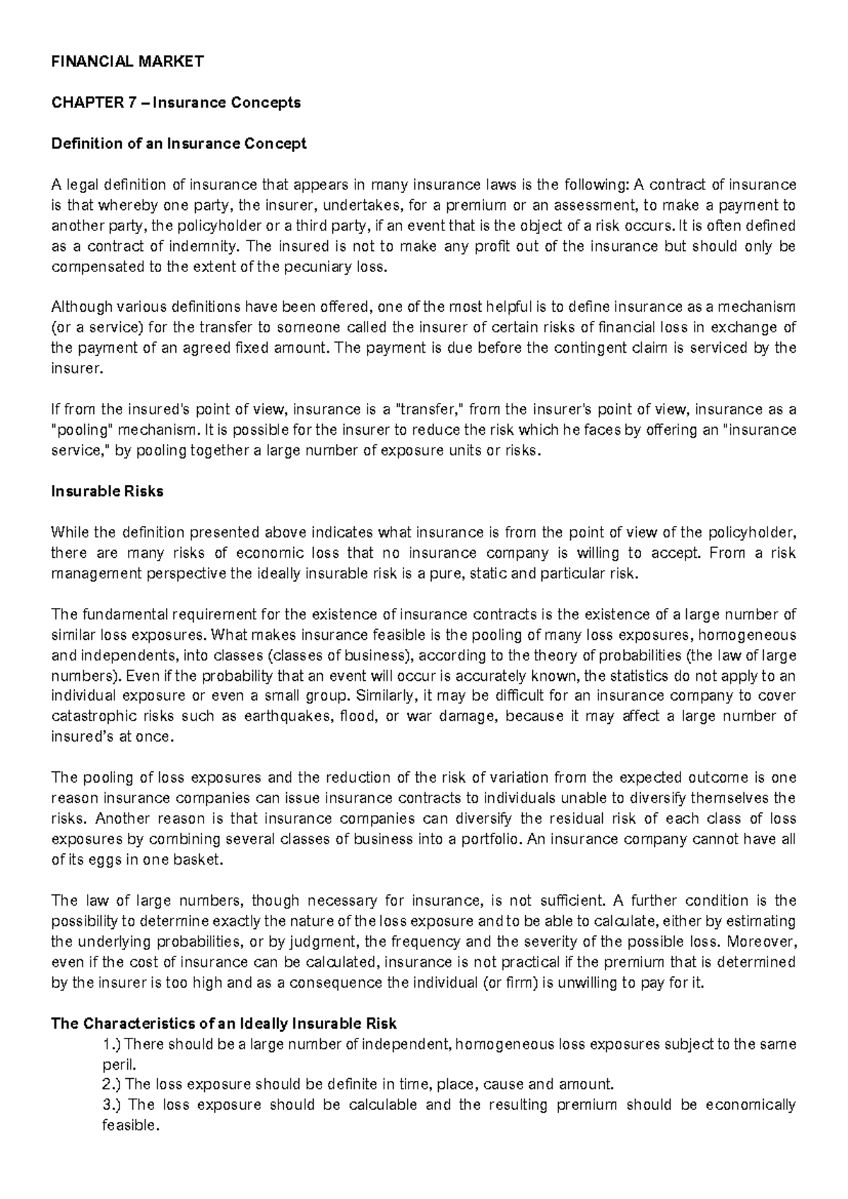 Financial Market - Chapter 7: Key Insurance Concepts Explained - Studocu