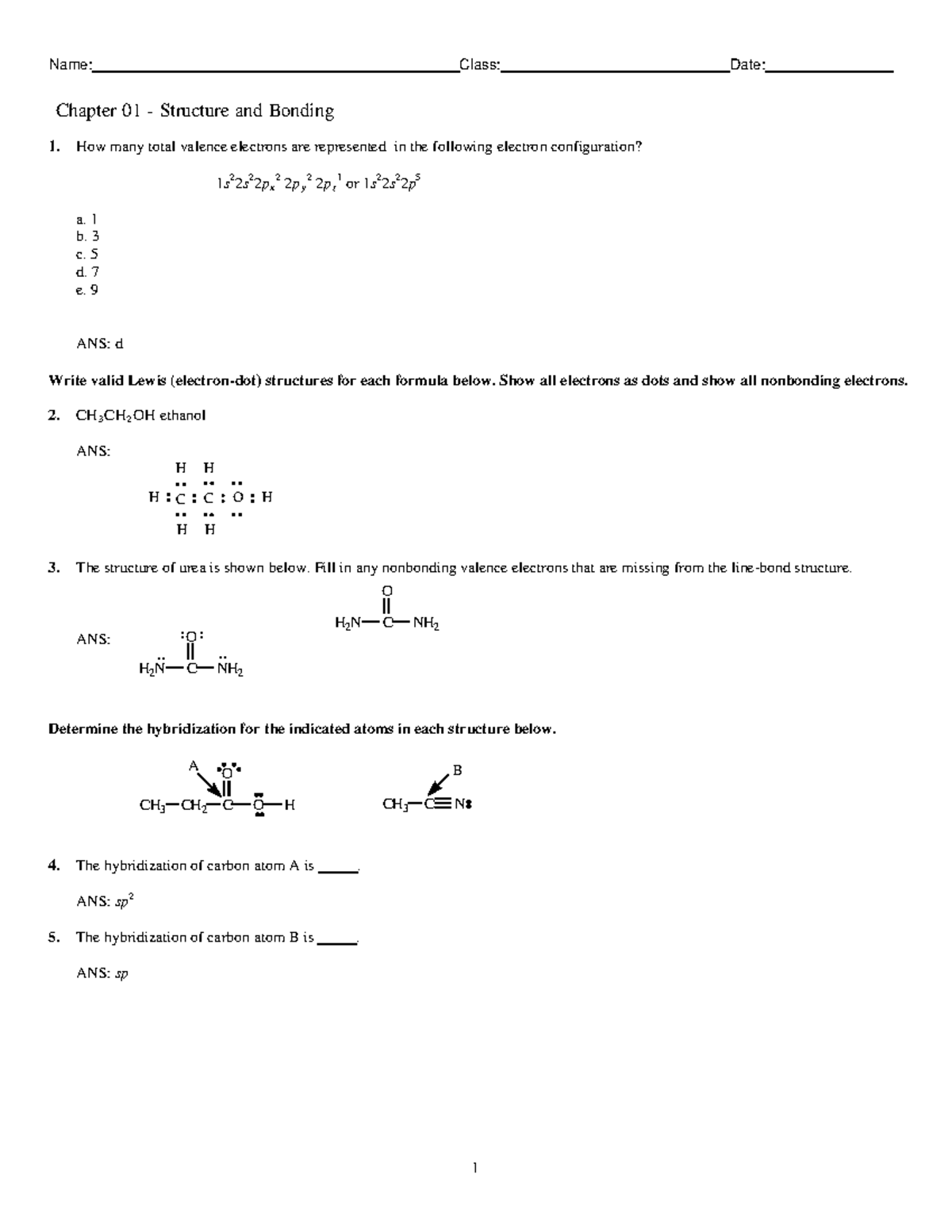 Chapter 01 Structure and Bonding Practice Materials (CHEM 101) - Studocu