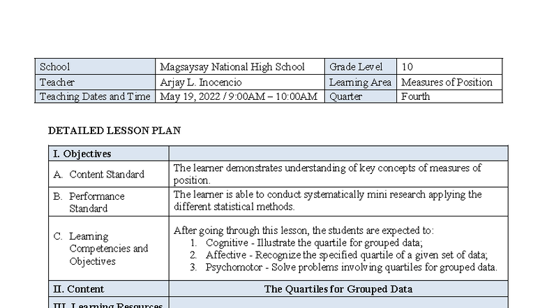 Detailed Lesson Plan on Quartiles for Grouped Data (Grade 10) - Document Preview