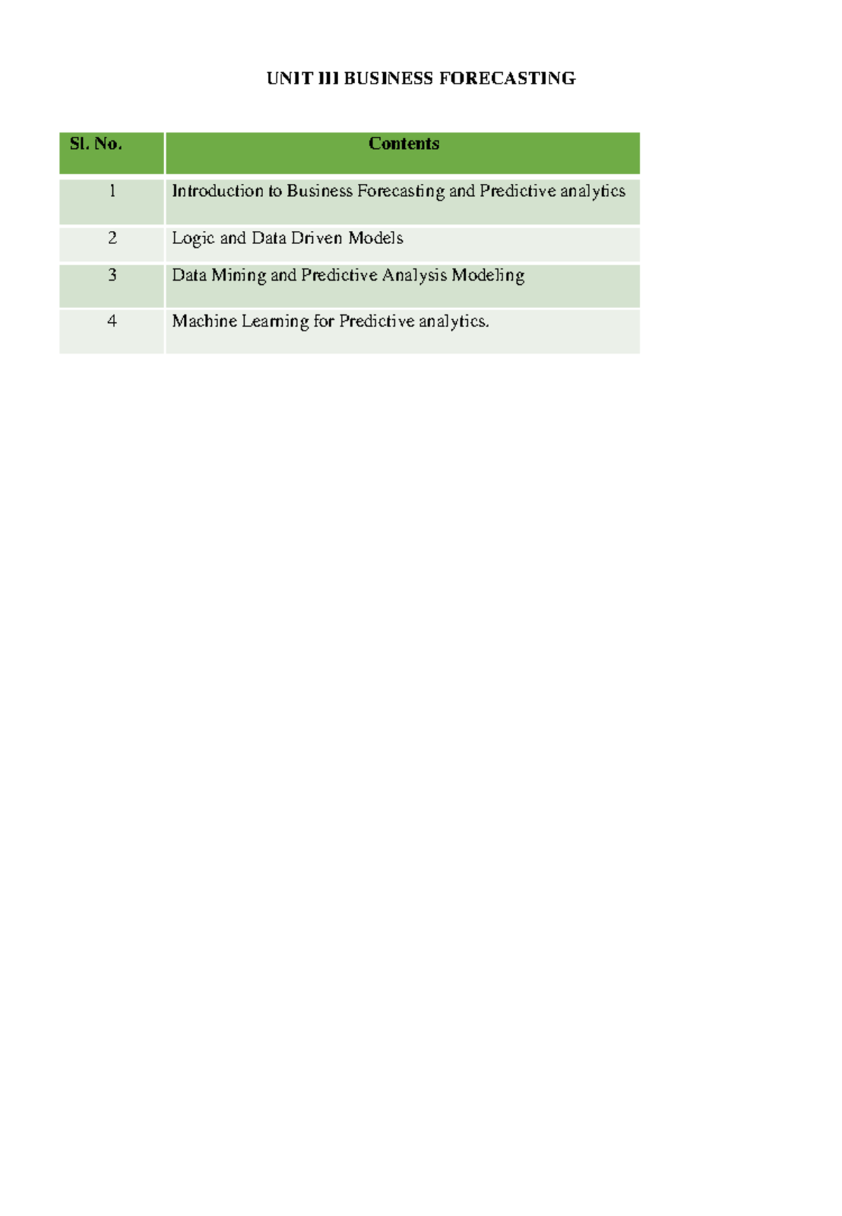UNIT III - Business Forecasting Techniques and Predictive Analytics ...