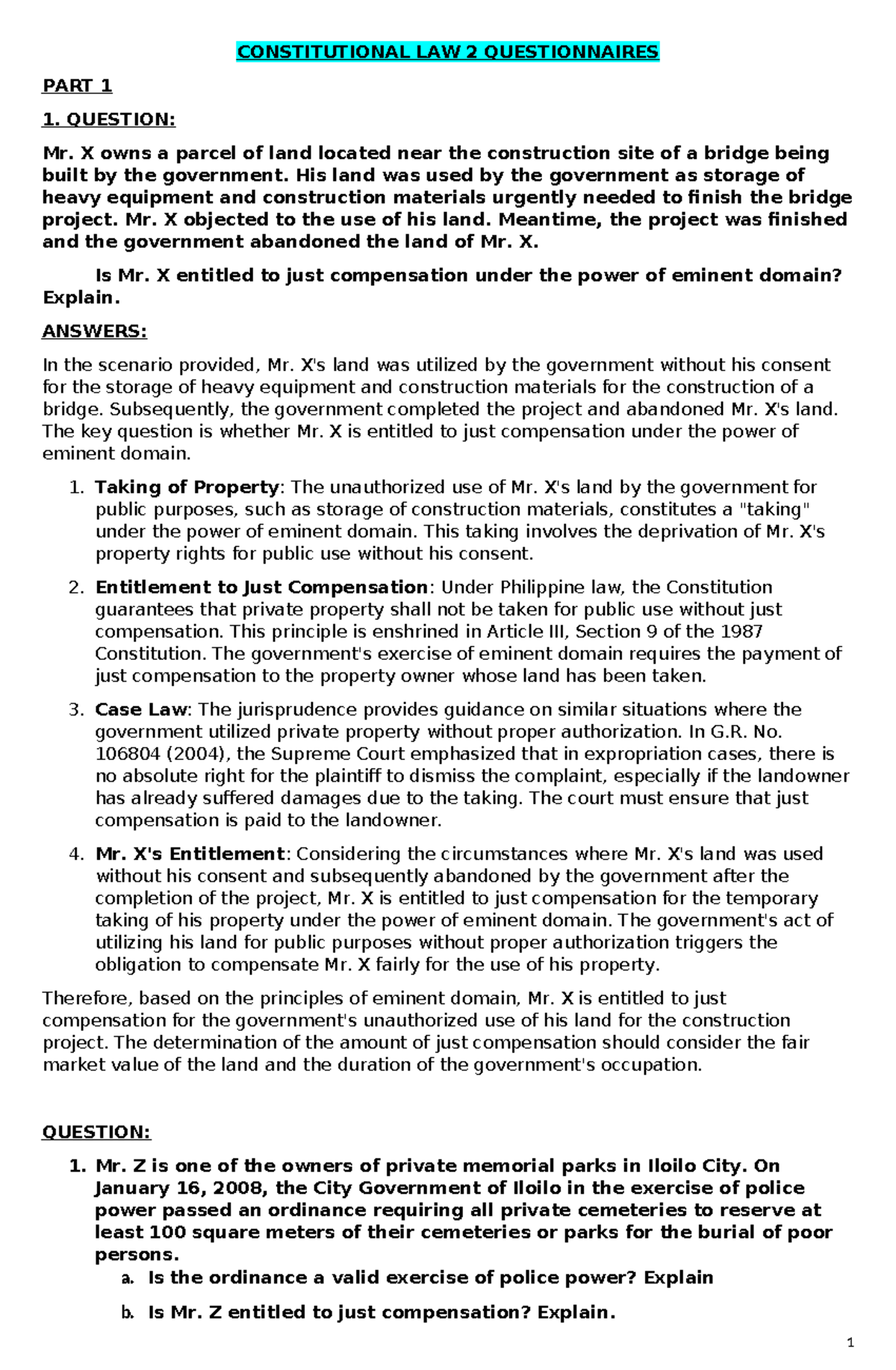 Constitutional LAW 2: Questionnaires on Eminent Domain and Police Power ...