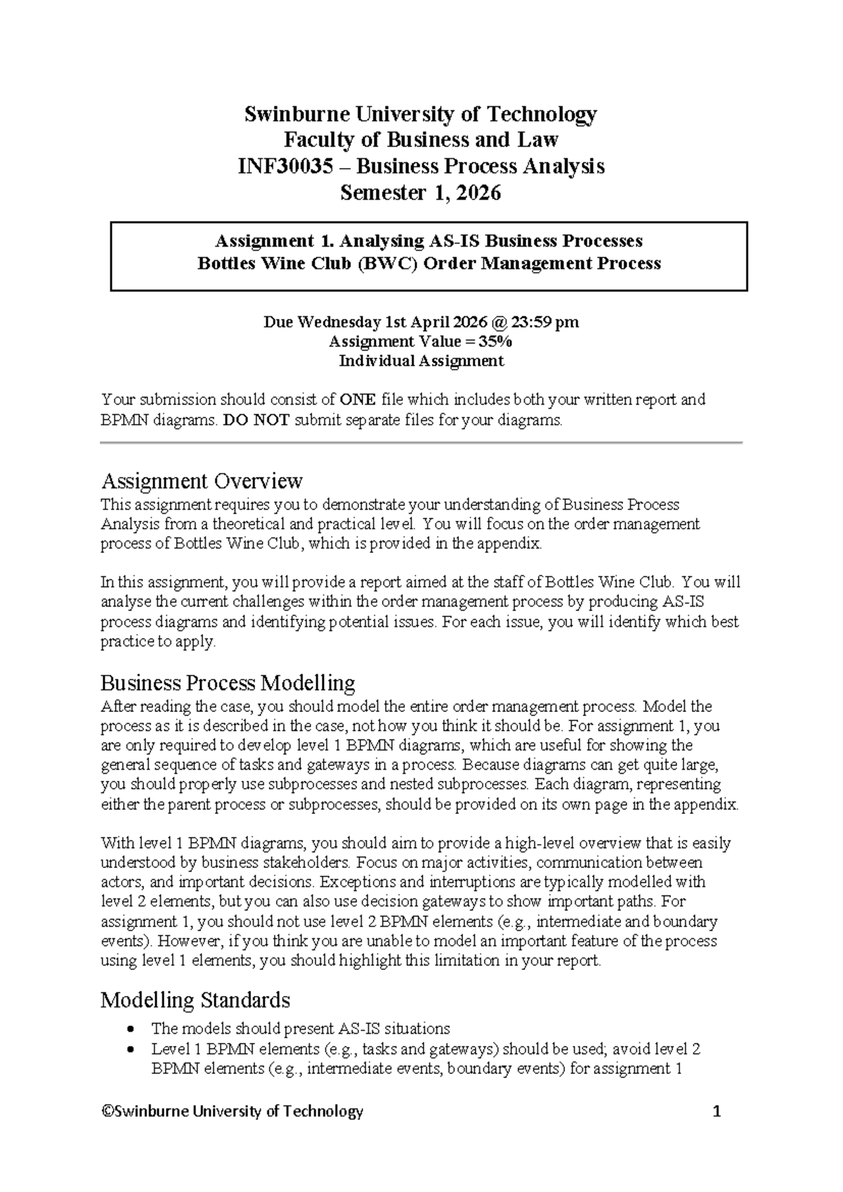 INF30035 Assignment 1: BWC Order Management Process Analysis - Studocu