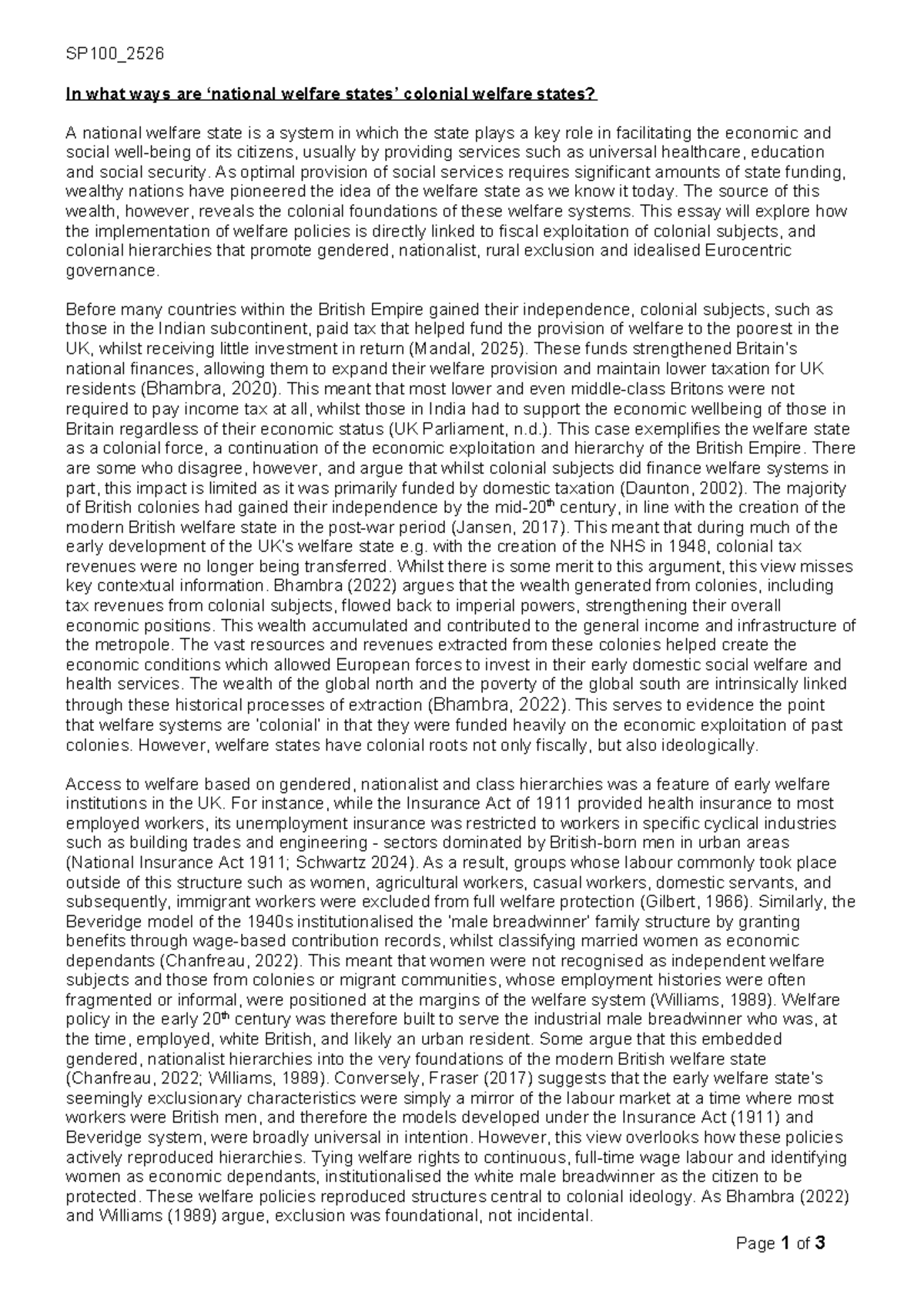 SP100_2526 Formative Essay: Colonial Roots of Welfare States - Studocu