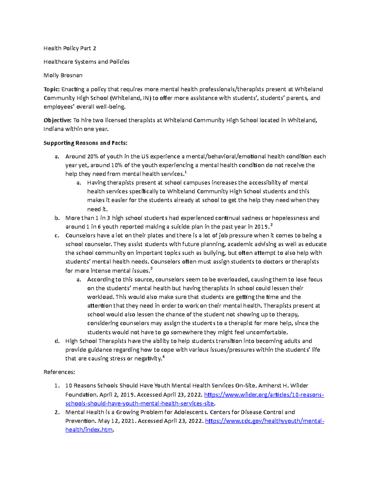 WCHS Health Policy Proposal: Increasing On-Site Therapist Support - Studocu