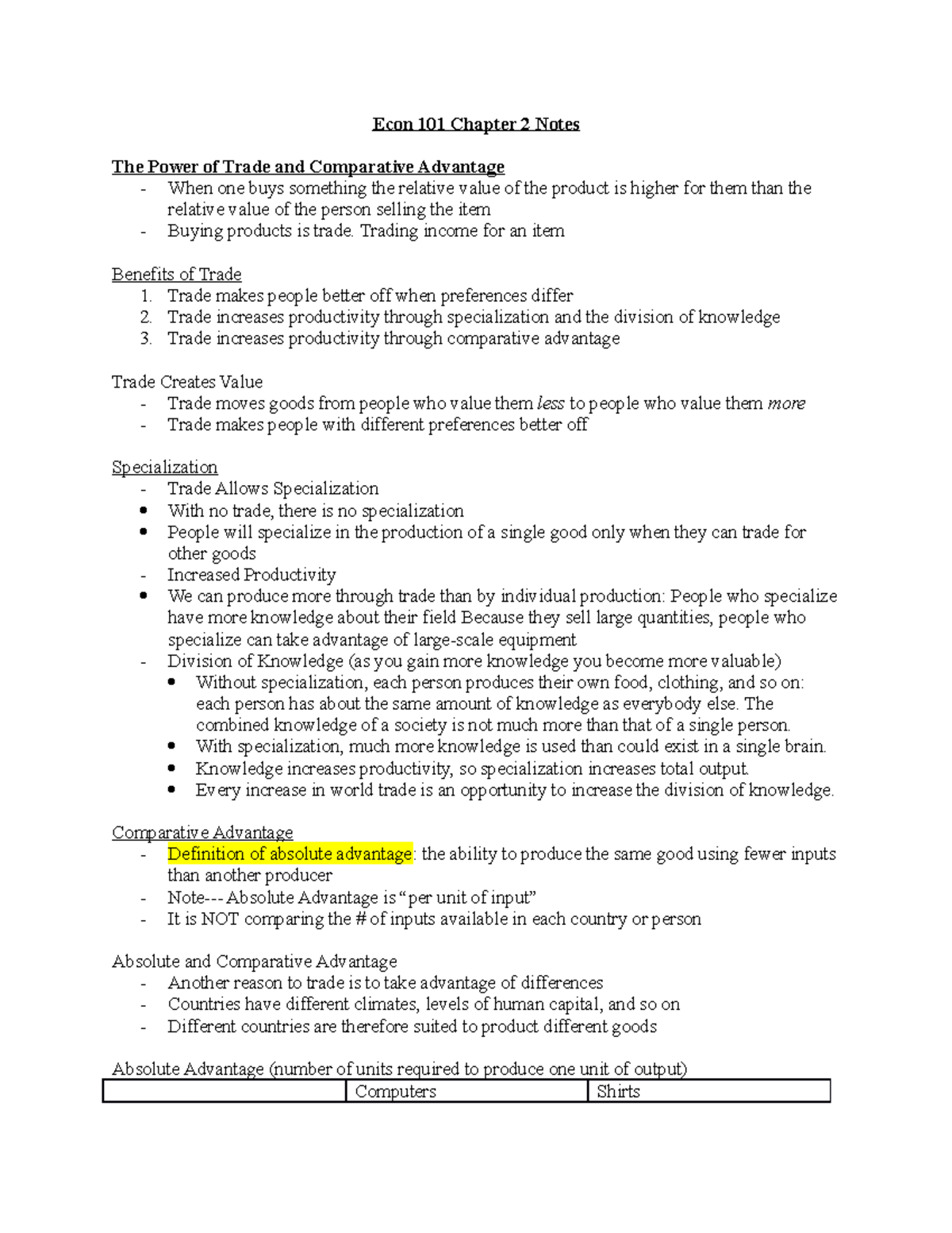 Econ 101 Chapter 2 Notes: Trade, Specialization & Comparative Advantage ...