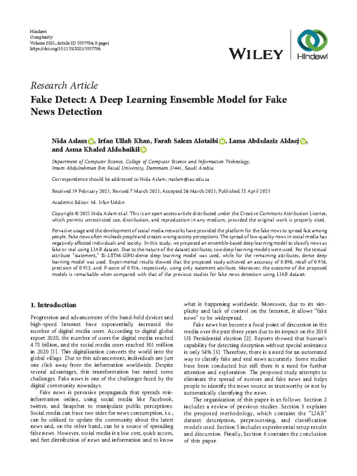 artificial intelligence - Research Article Fake Detect: A Deep Learning ...