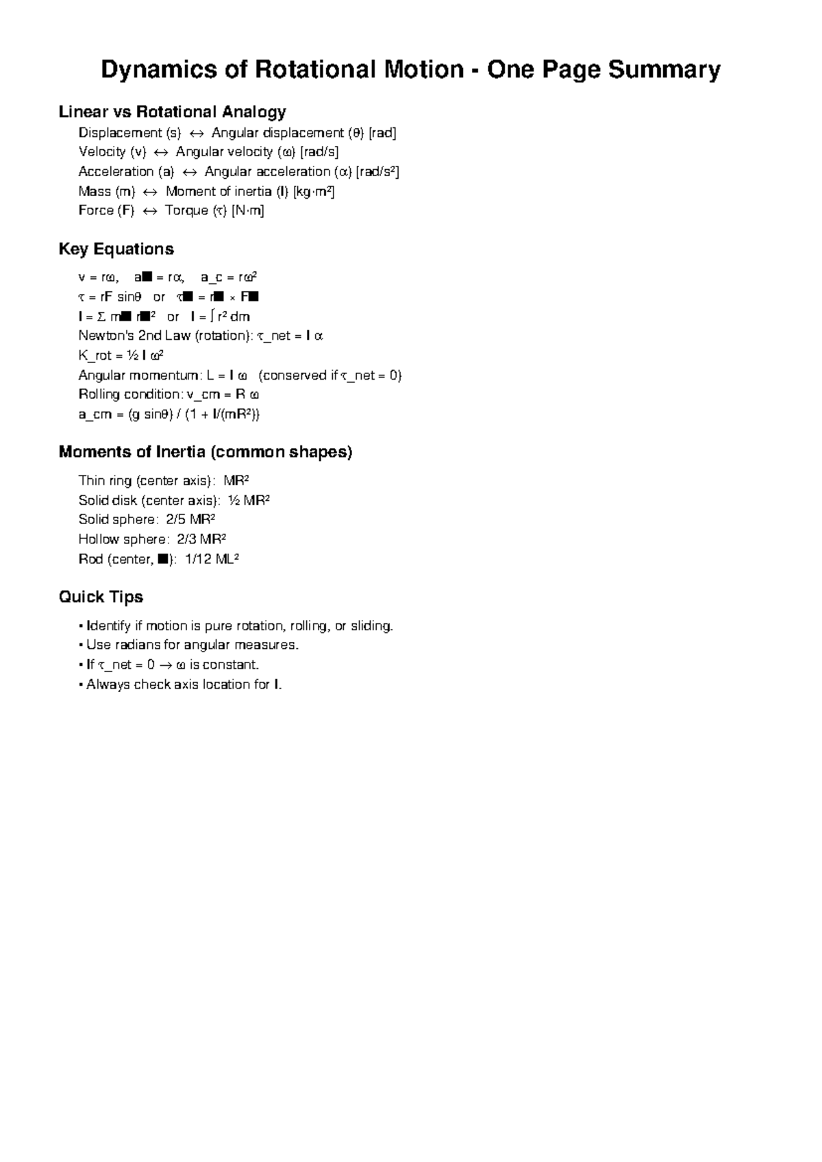 Dynamics of Rotational Motion (PHYS 101) One Page Summary - Studocu
