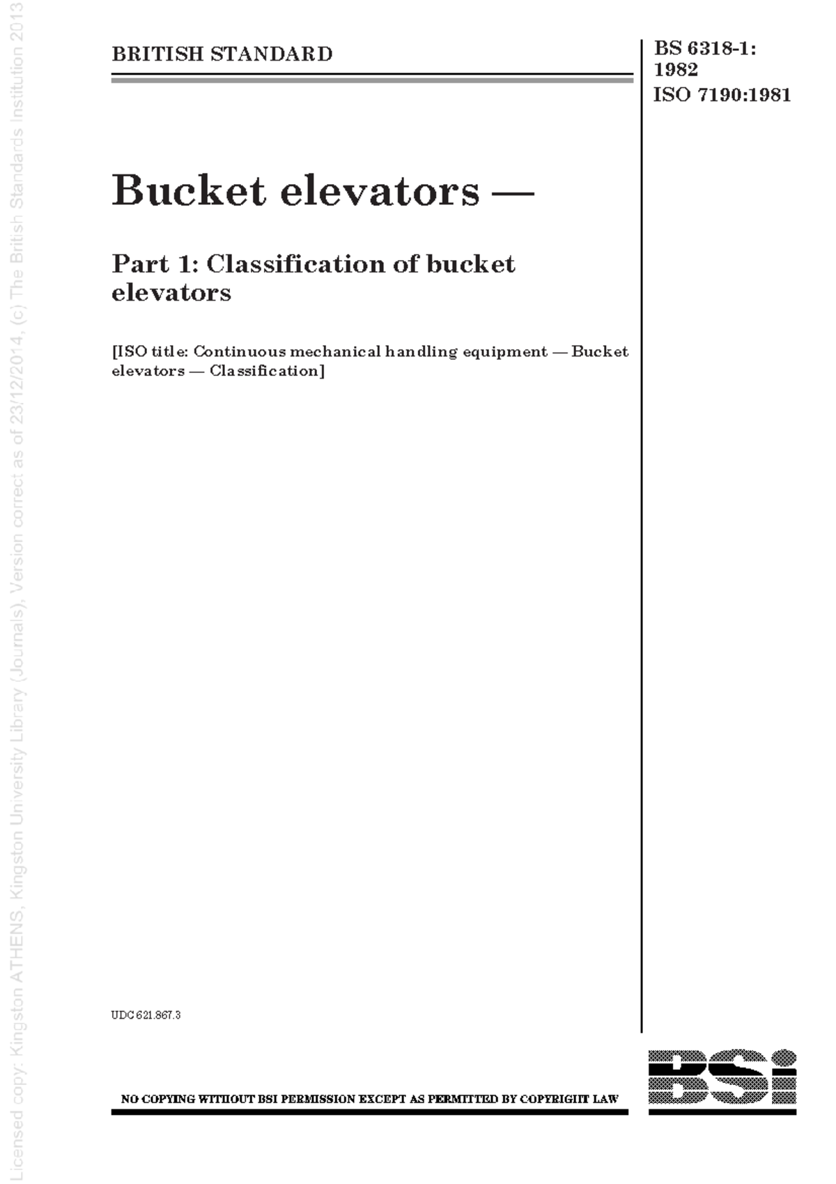 BS 6318-1:1982 - Classification of Bucket Elevators Standards - Studocu