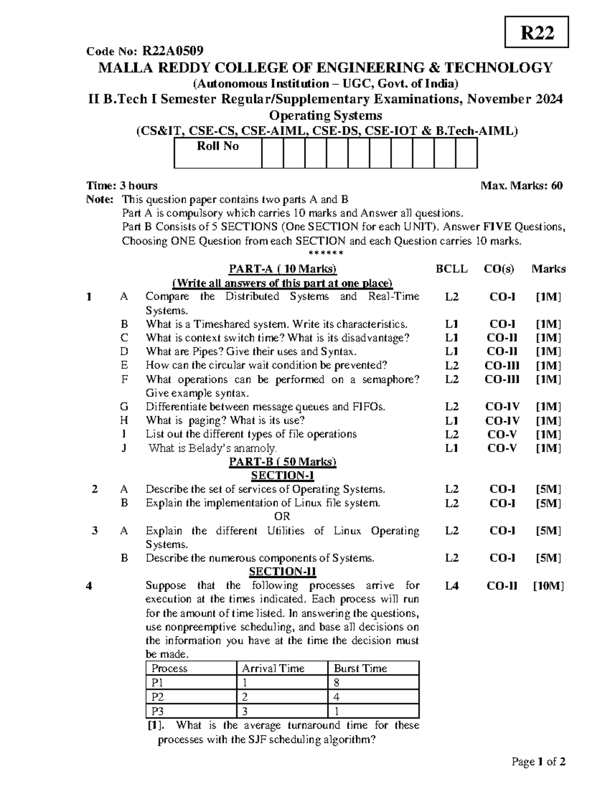 Operating Systems II B.Tech I Sem Exam Nov 2024 - Question Paper - Studocu