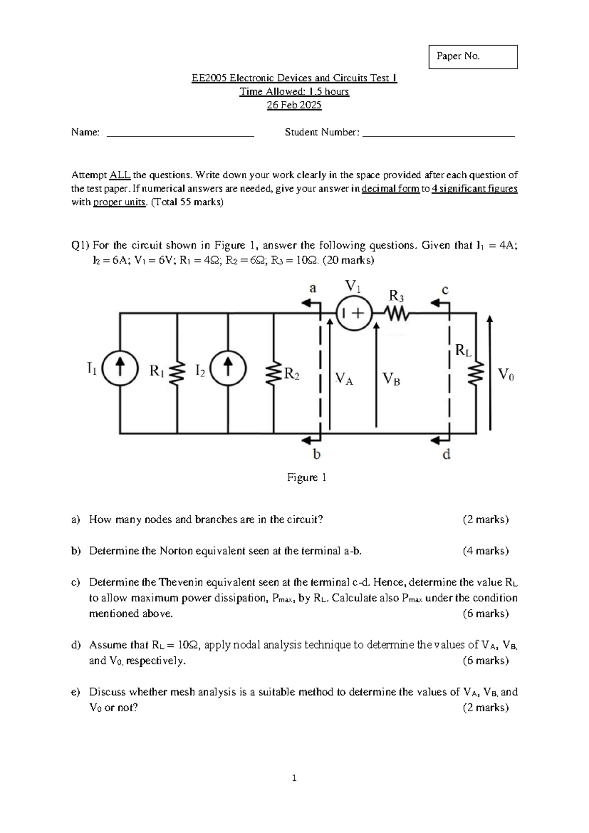 EE2005 Electronic Devices & Circuits Test 1 Problem Set - Feb 2025 ...