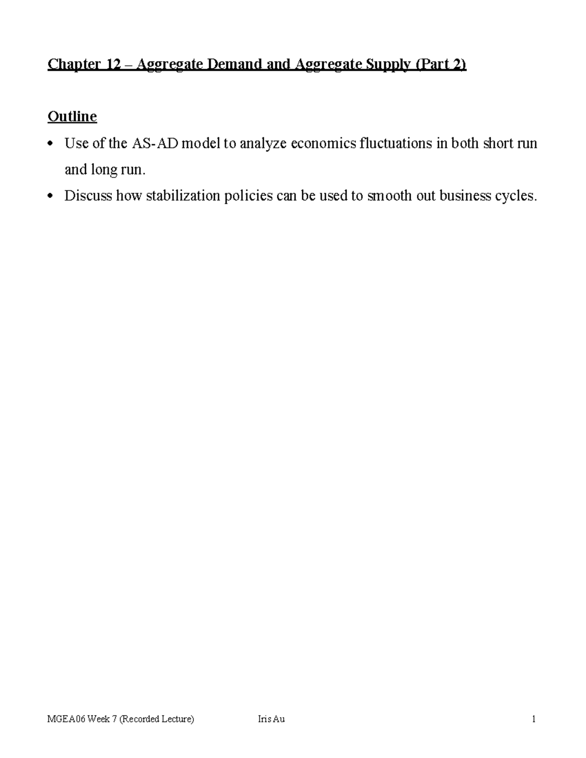 Week 7 - AS-AD Model (Part 2) (Recorded) - Chapter 12 – Aggregate ...