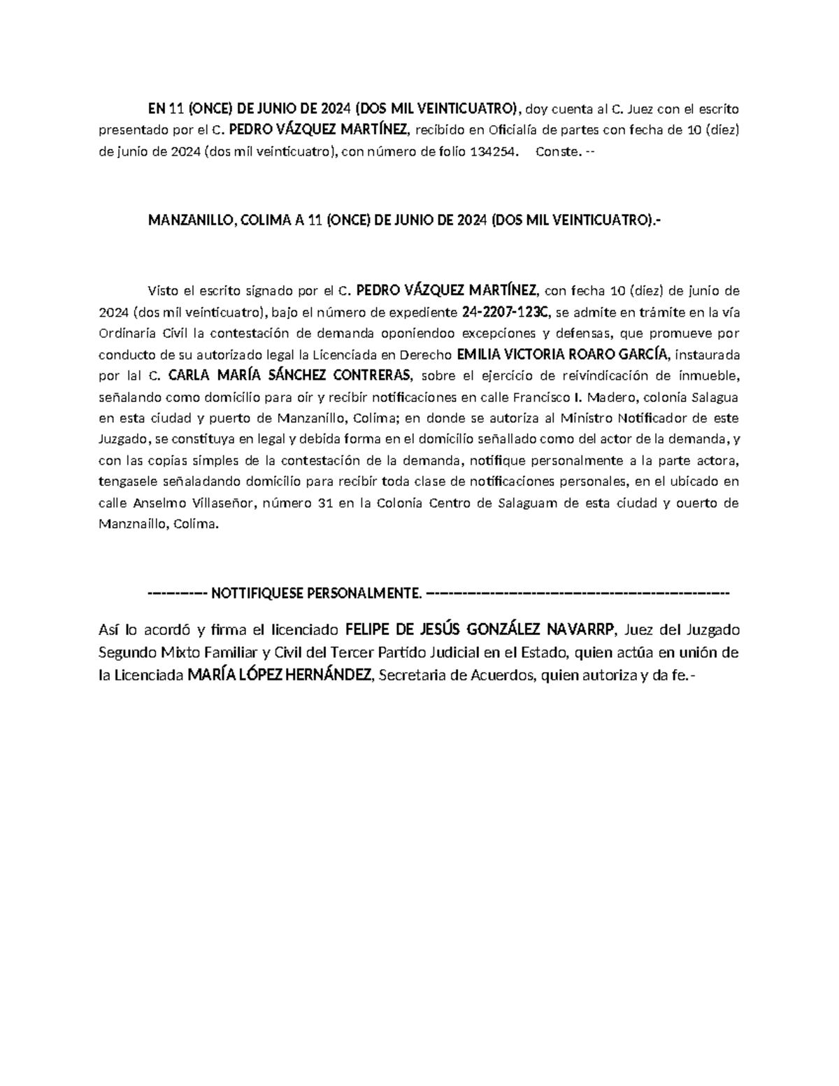 Contestación Demanda Civil Reivindicatoria - Expediente 24-2207-123C ...